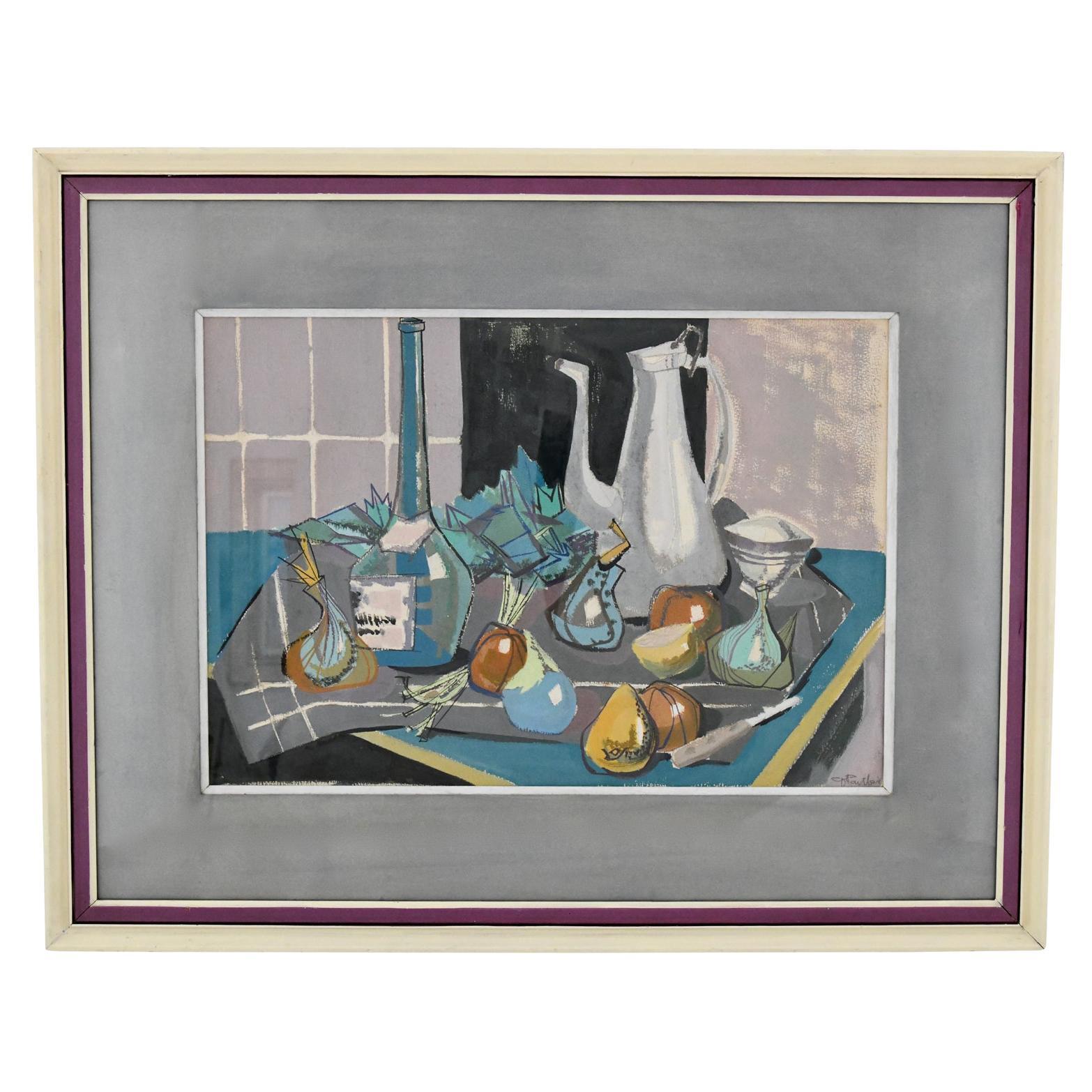 French Mid Century Painting Still Life with Coffee Pot by Poulain, 1950 For Sale