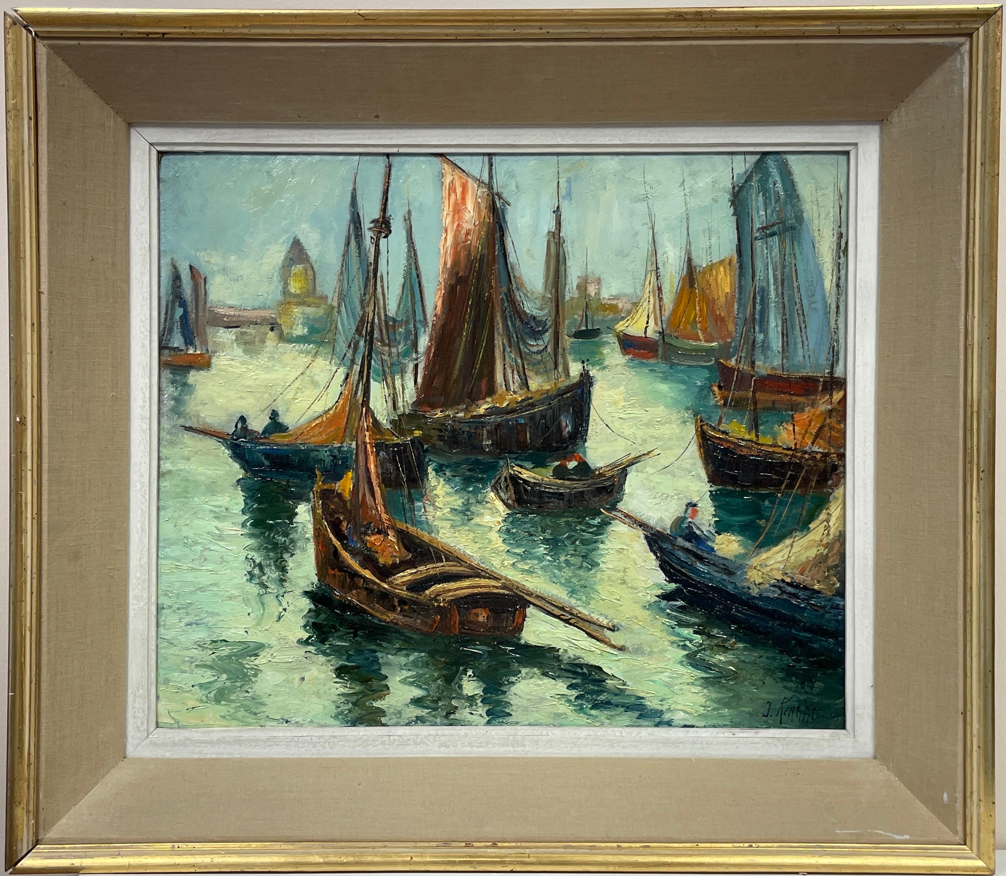 French Mid Century Figurative Painting - 1950's French Fishing Boats in Sleepy Harbour Beautiful Impasto Sludgy Oil