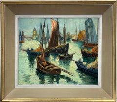 1950's French Fishing Boats in Sleepy Harbour Beautiful Impasto Sludgy Oil