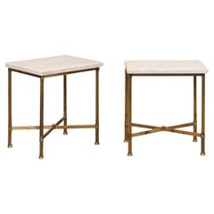 French Mid-Century Pair of Brass End Tables with New Taj Mahal Quartzite Tops