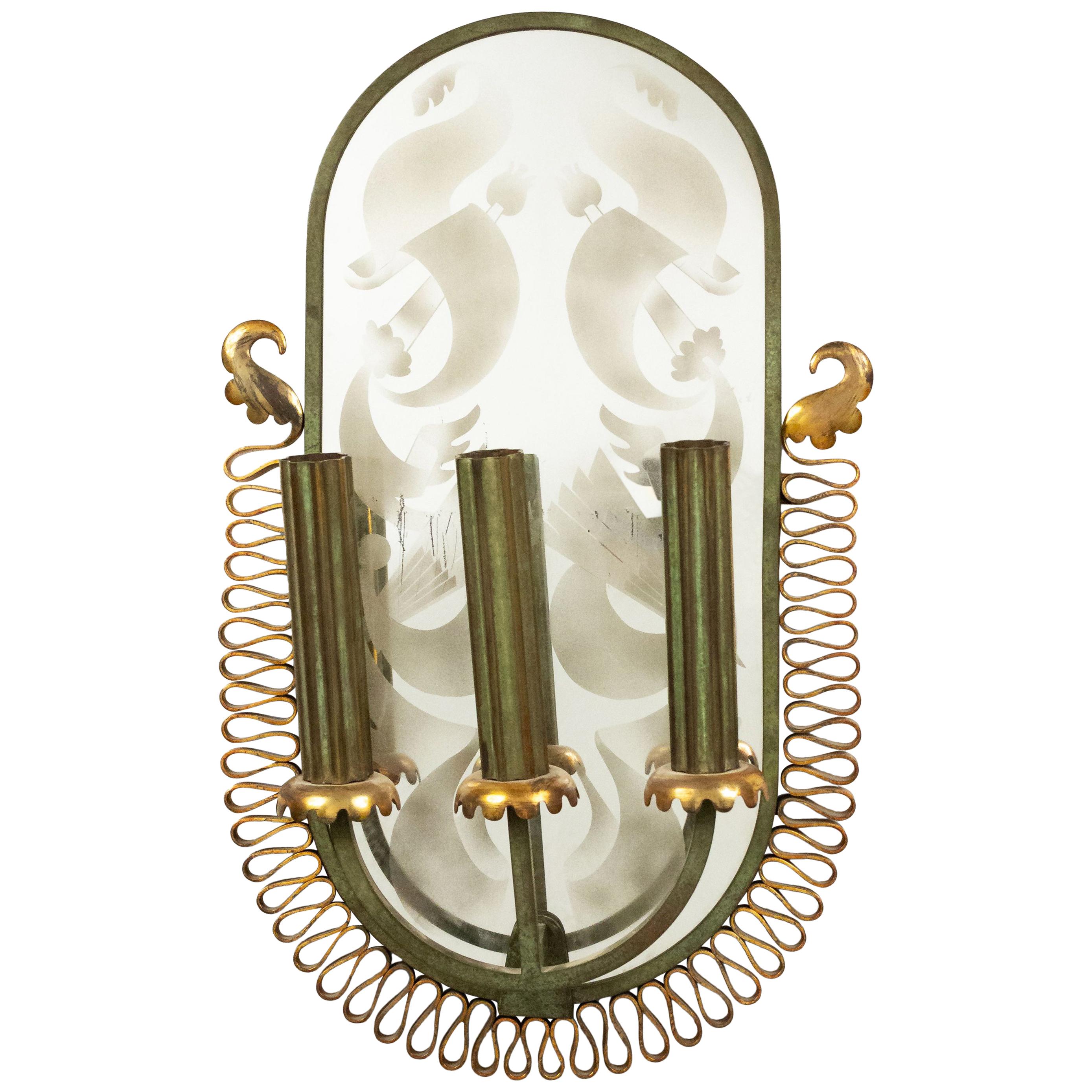 French Mid-Century Patinated Brass and Mirror Wall Sconce For Sale