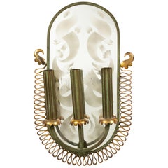 French Mid-Century Patinated Brass and Mirror Wall Sconce