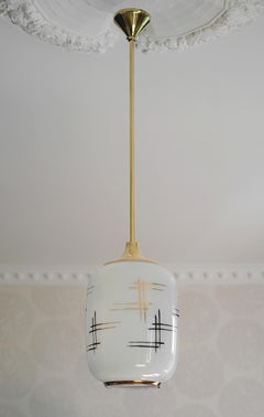 French Mid-Century Pendant Ceiling Light, Glass & Brass, 1950s Design