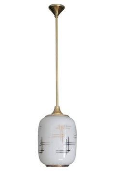 French Mid-Century Pendant Ceiling Light, Glass & Brass, 1950s Design