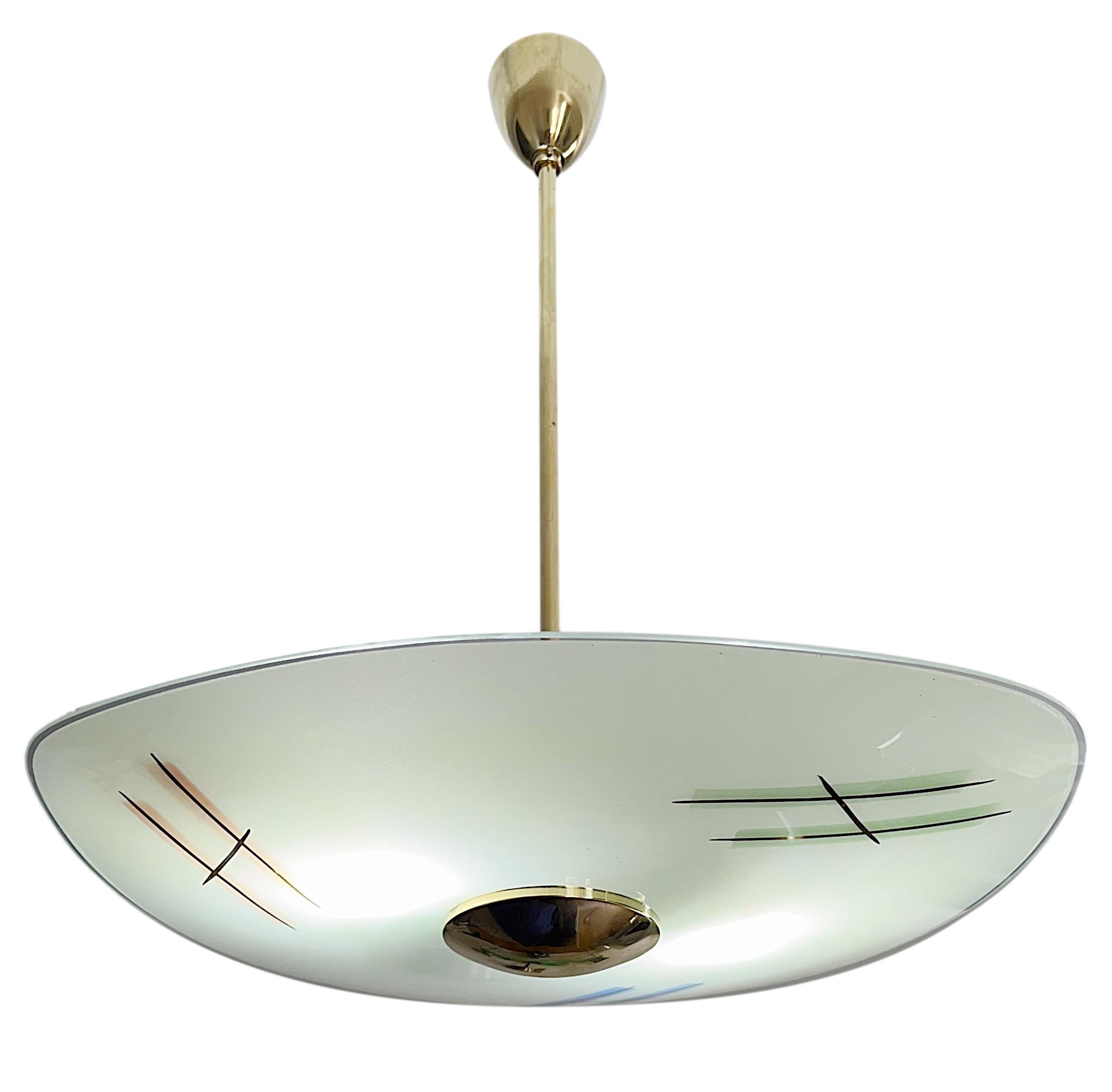 French Mid-century pendant chandelier, France, 1950s. Glass and brass. Height : 21