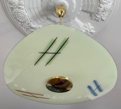 French Mid-Century Pendant Chandelier, Glass & Brass, 1950s, France