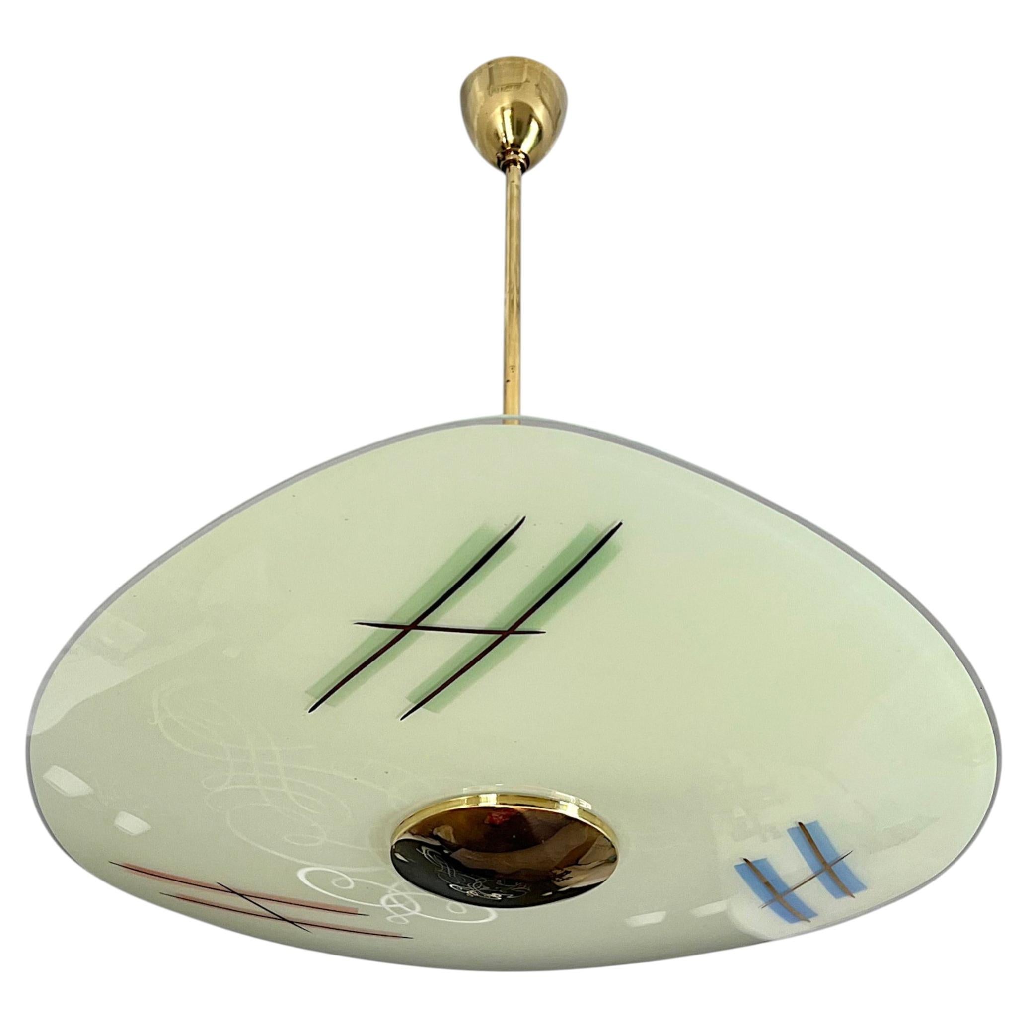 French Mid-Century Pendant Chandelier, Glass & Brass, 1950s, France For Sale