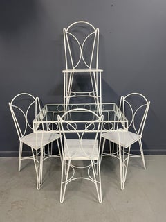 French Mid-Century Petite Square Wrought Iron Dining Table and Four Chairs