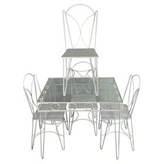 French Mid-Century Petite Square Wrought Iron Dining Table and Four Chairs