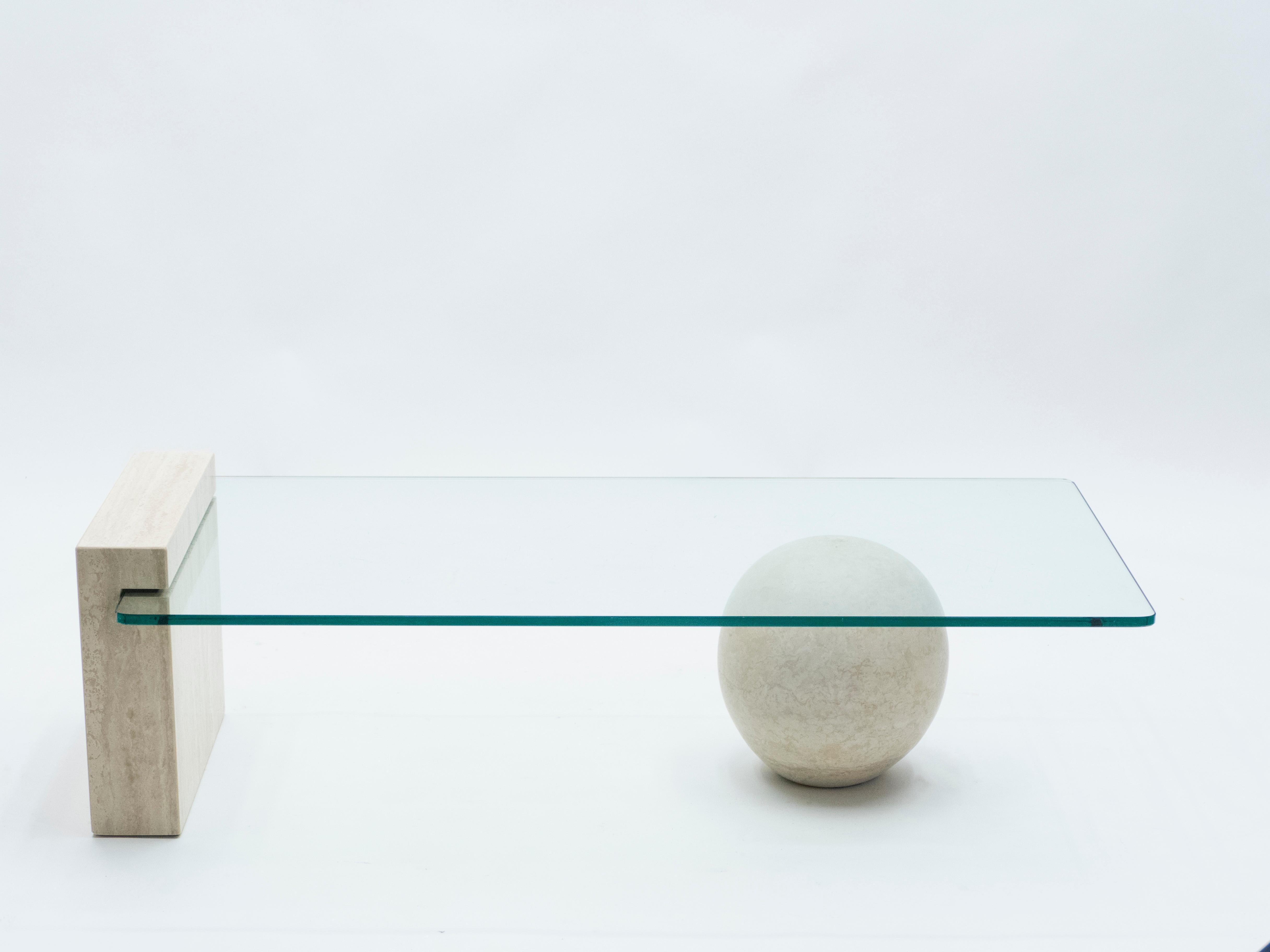 French Midcentury Philippe Barbier Travertine Glass Coffee Table, 1970s 6
