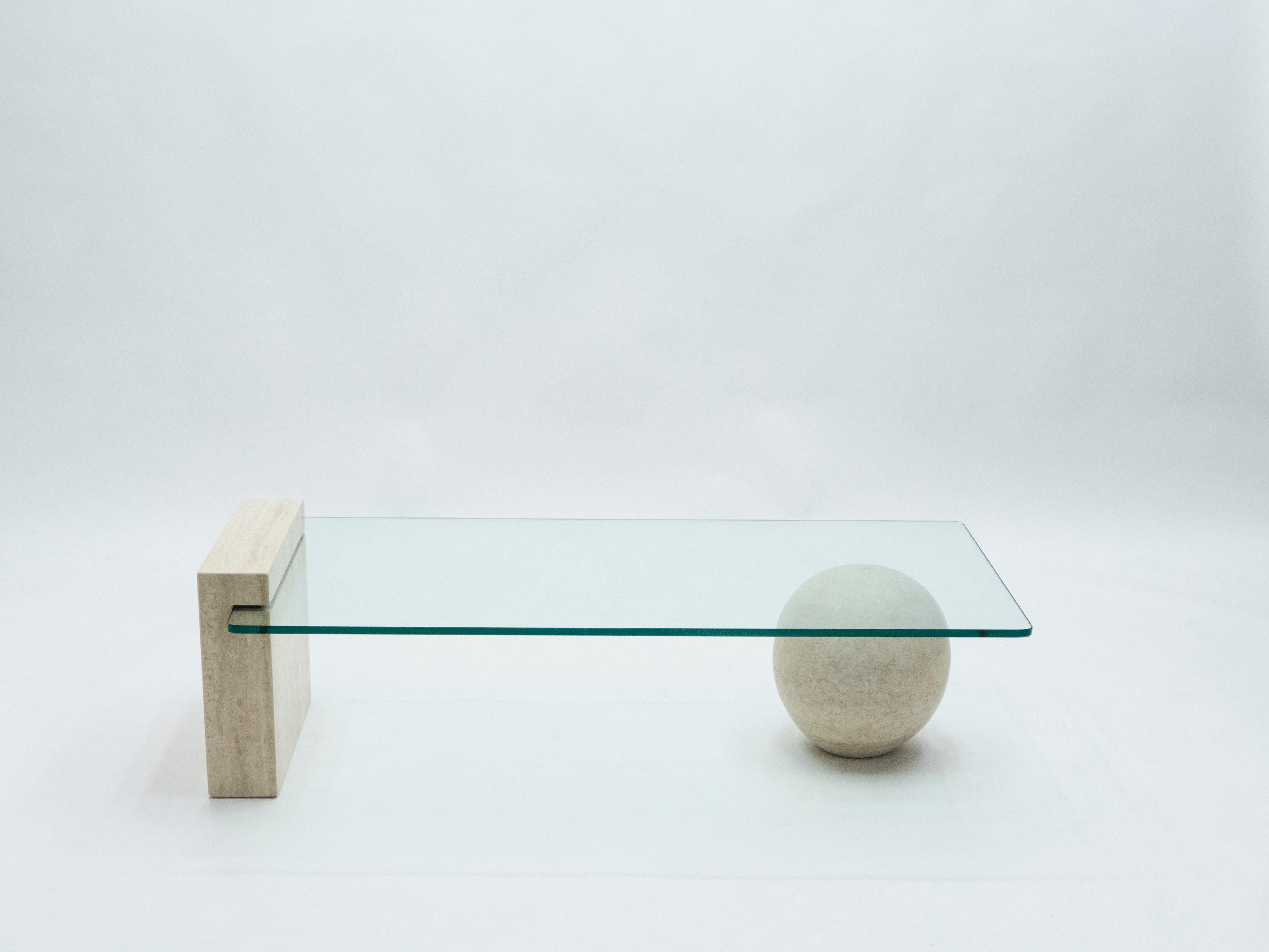 French Midcentury Philippe Barbier Travertine Glass Coffee Table, 1970s 7