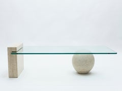 French Midcentury Philippe Barbier Travertine Glass Coffee Table, 1970s