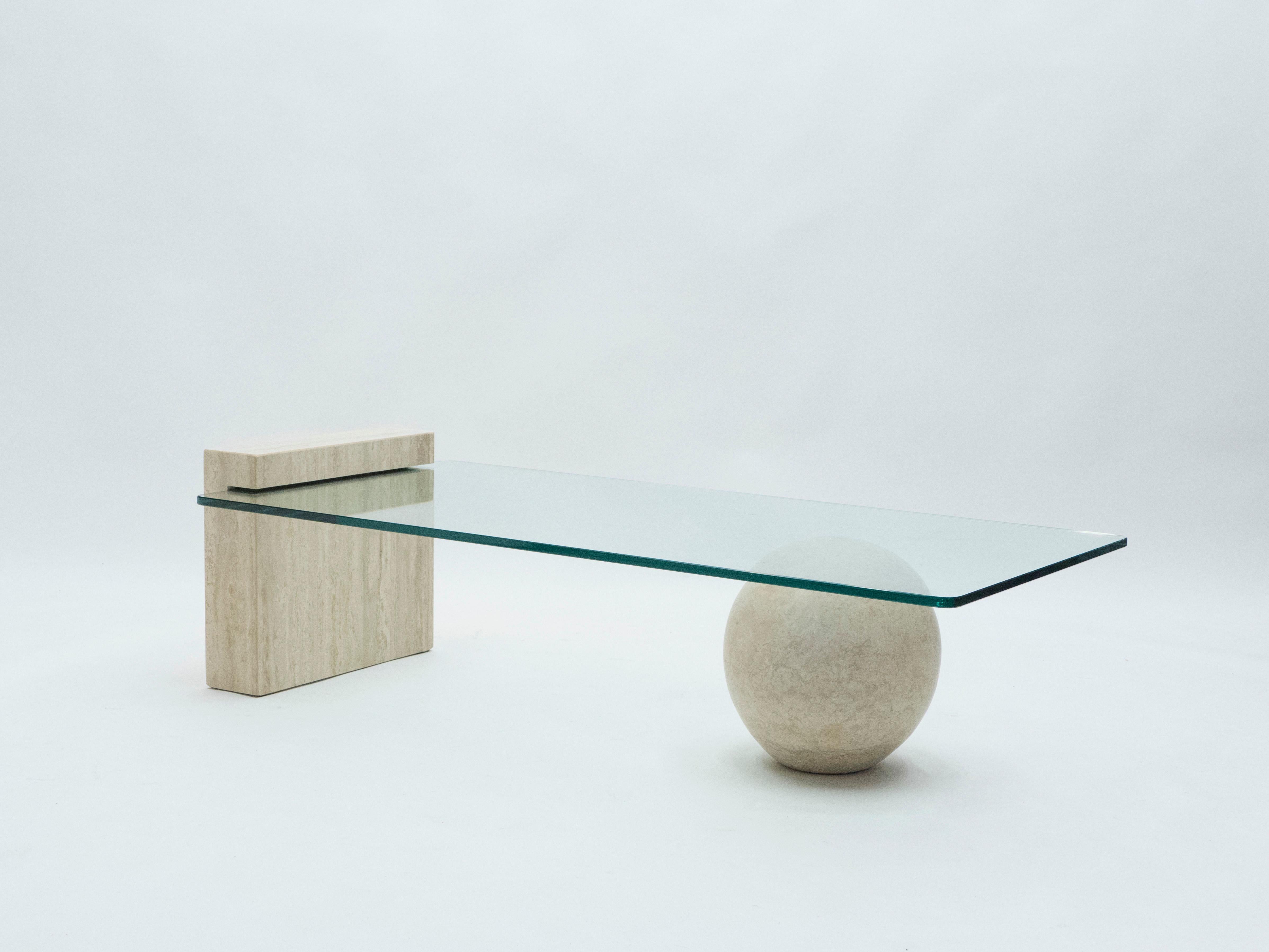 Mid-Century Modern French Midcentury Philippe Barbier Travertine Glass Coffee Table, 1970s