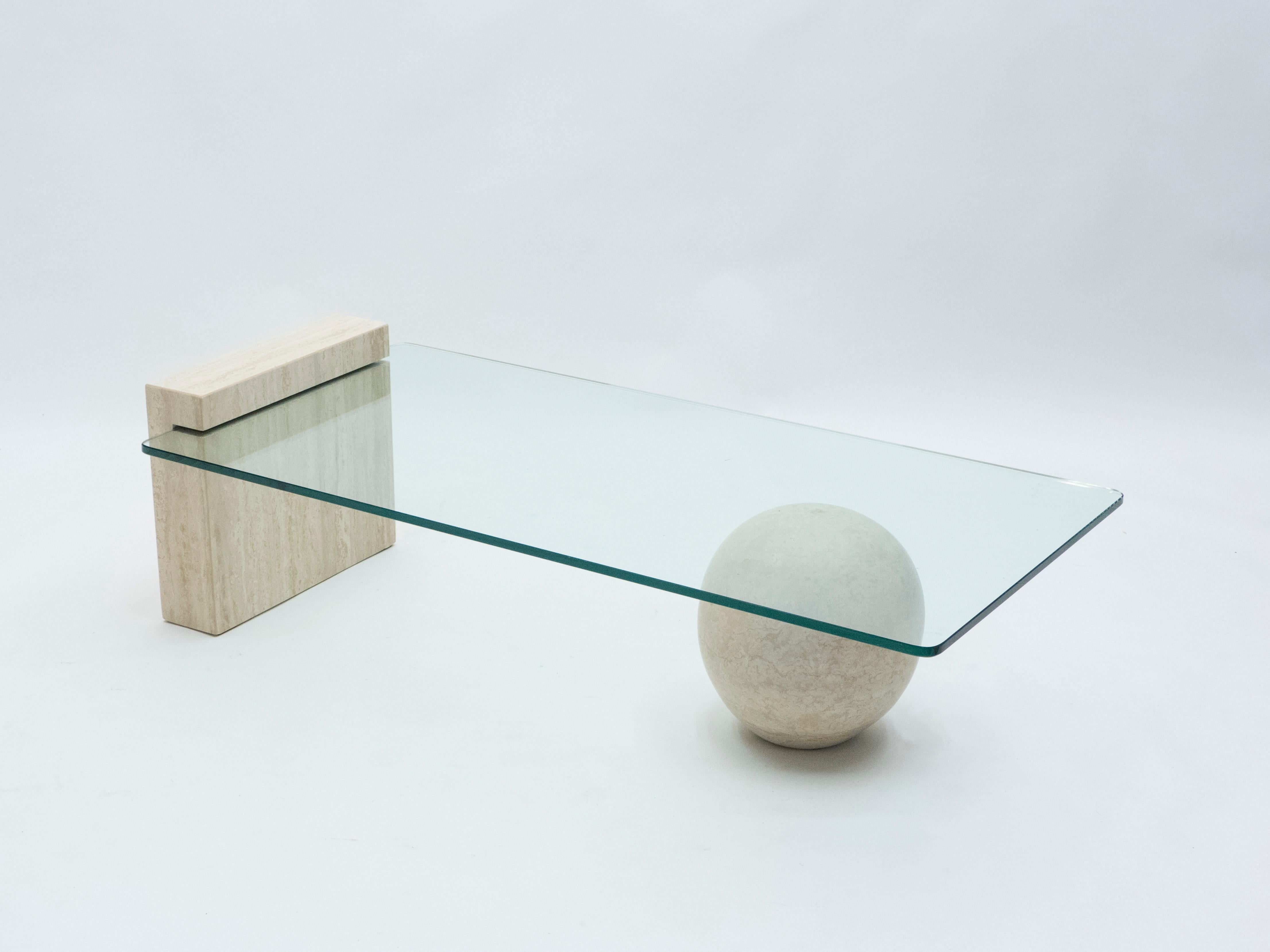 French Midcentury Philippe Barbier Travertine Glass Coffee Table, 1970s In Good Condition In Paris, IDF