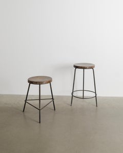 French Mid Century Pierre Jeanneret Wood & Iron Bar Stools for Chandigarh, 1950s
