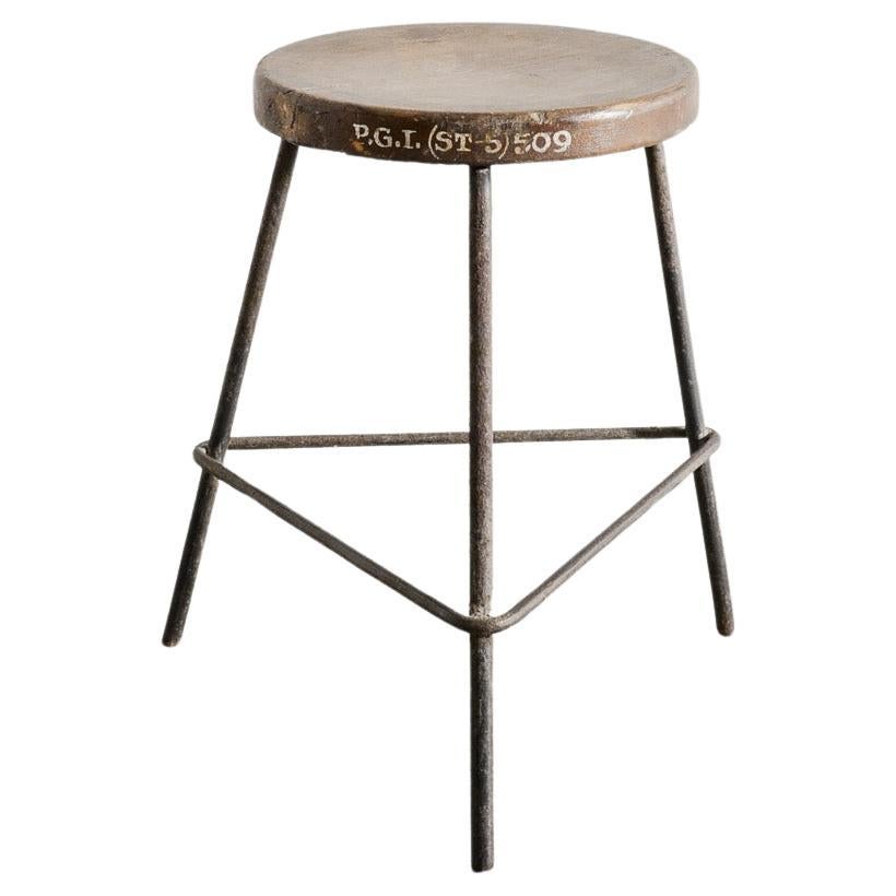 French Mid Century Pierre Jeanneret Wood 
Iron Low Stool for Chandigarh, 1950s
