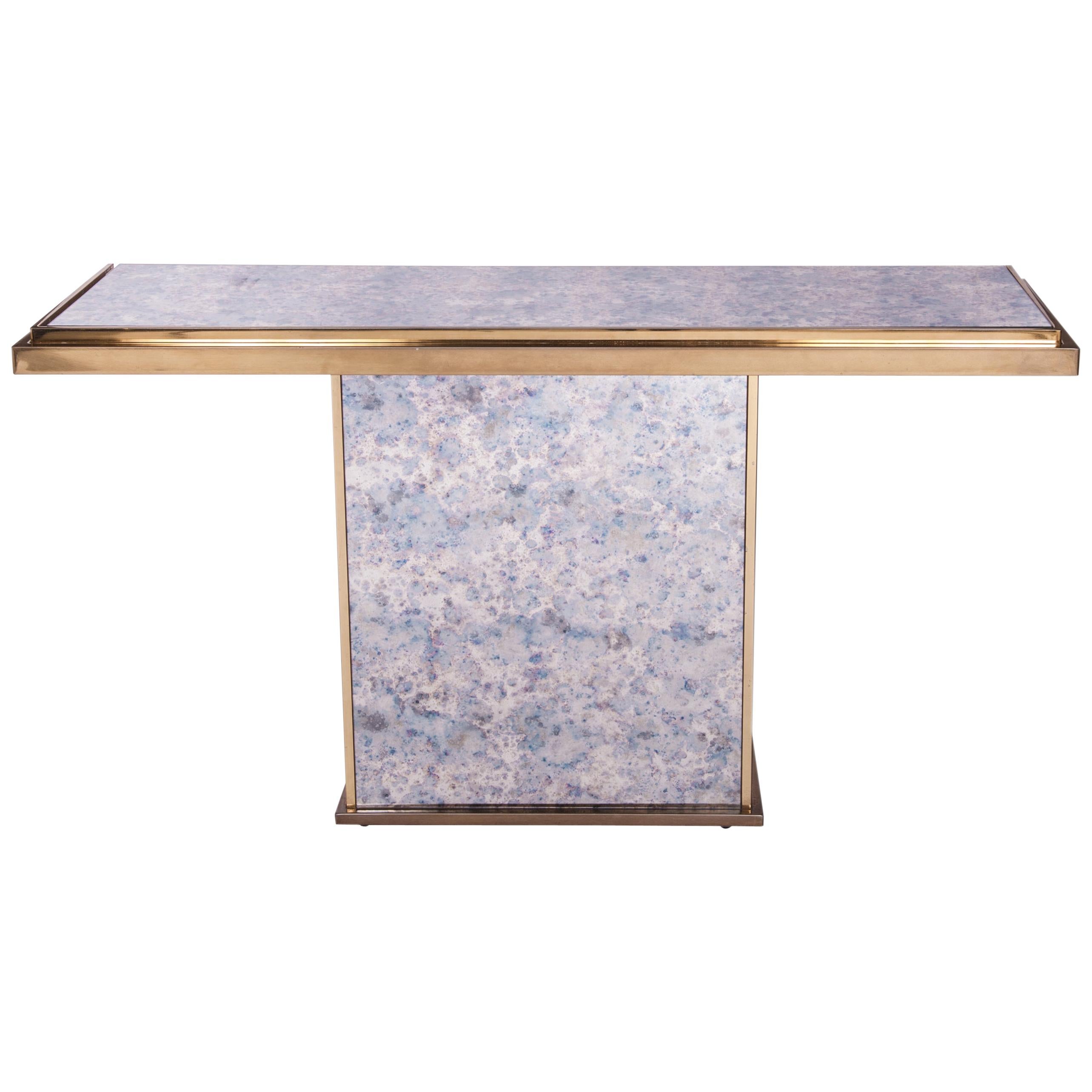 French Midcentury Purple-blue-bronze Mirrored Console Table with Brass Frame For Sale