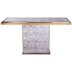 French Midcentury Purple-blue-bronze Mirrored Console Table with Brass Frame