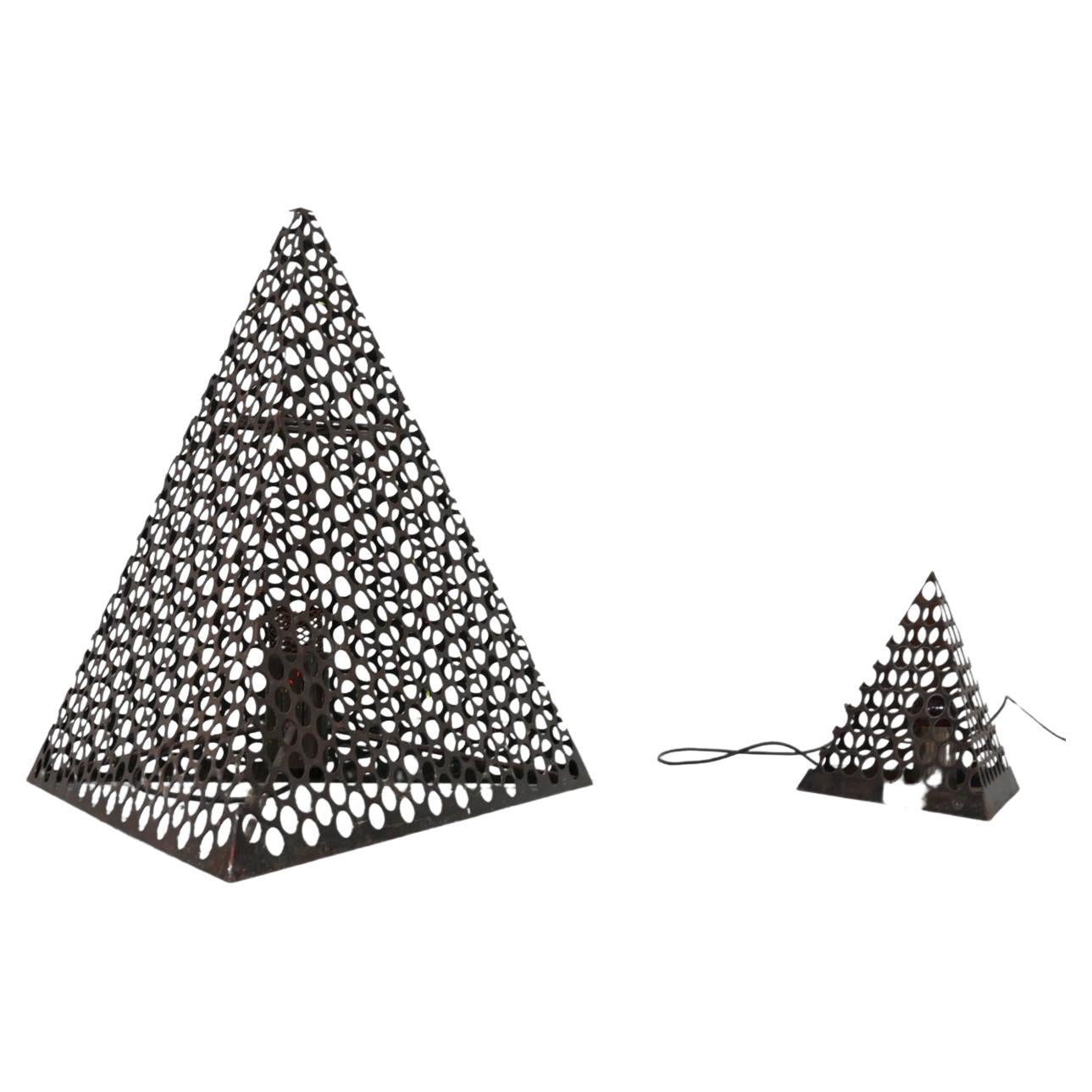 French Mid-Century Pyramid Geometric Floor and Table Lamp Pair