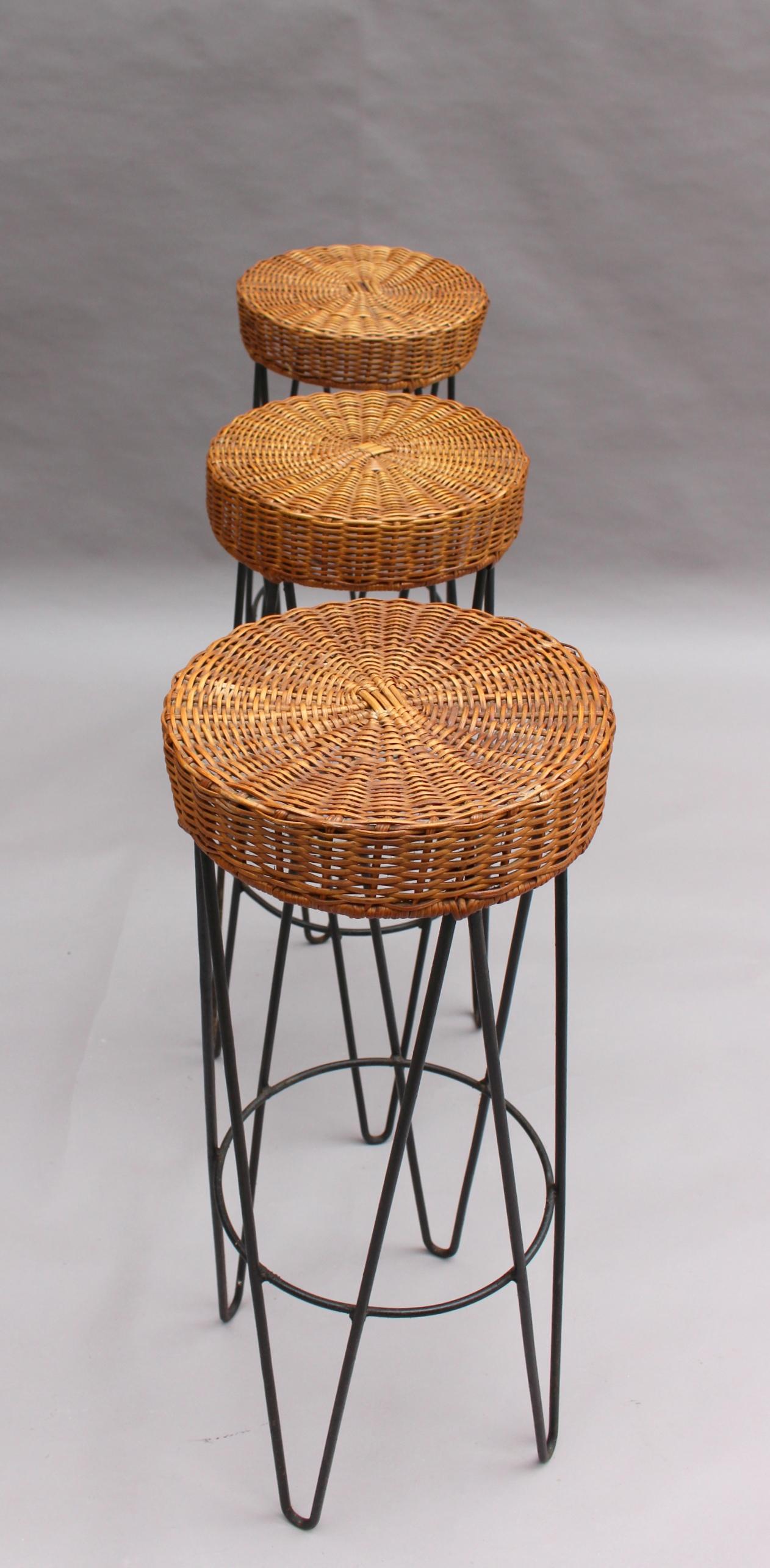 French Mid-Century Rattan Bar and 3 Matching Stools 12