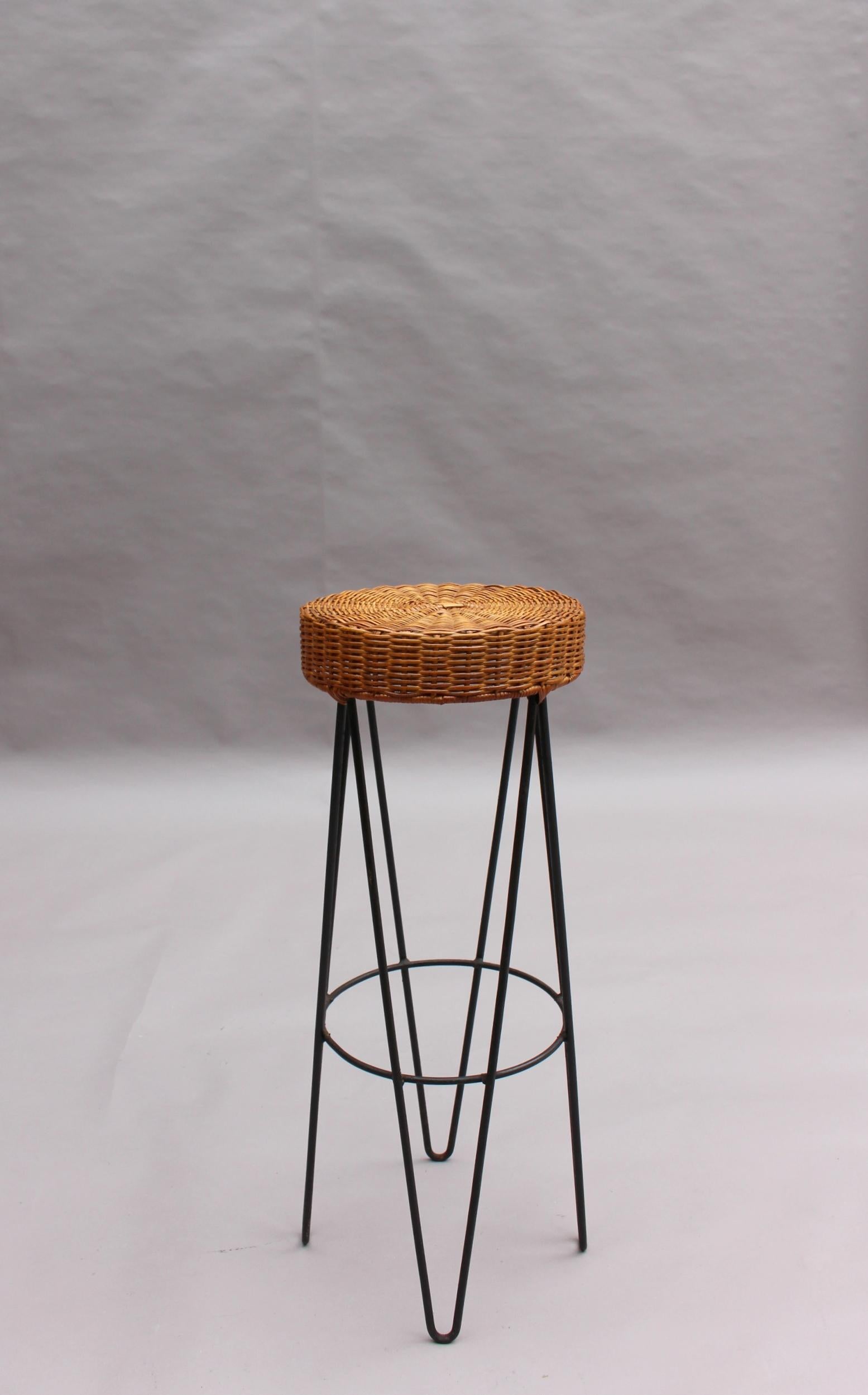 French Mid-Century Rattan Bar and 3 Matching Stools 13
