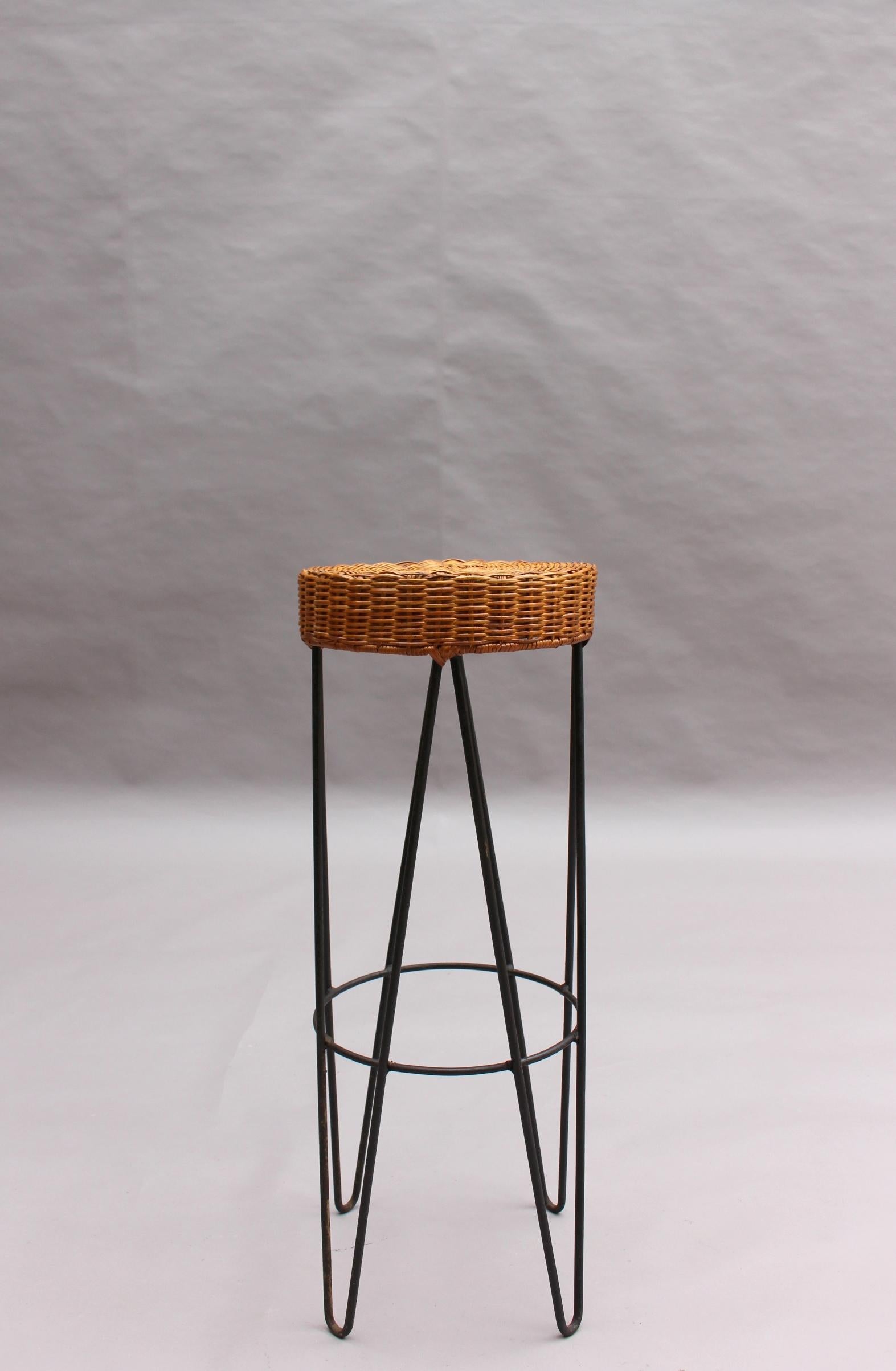 French Mid-Century Rattan Bar and 3 Matching Stools 14