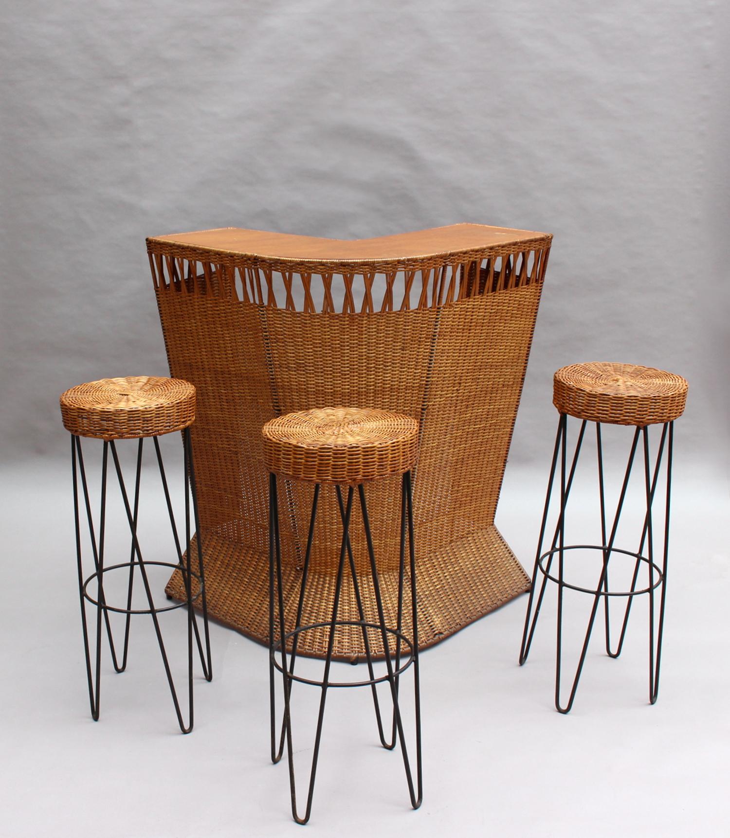 Mid-Century Modern French Mid-Century Rattan Bar and 3 Matching Stools