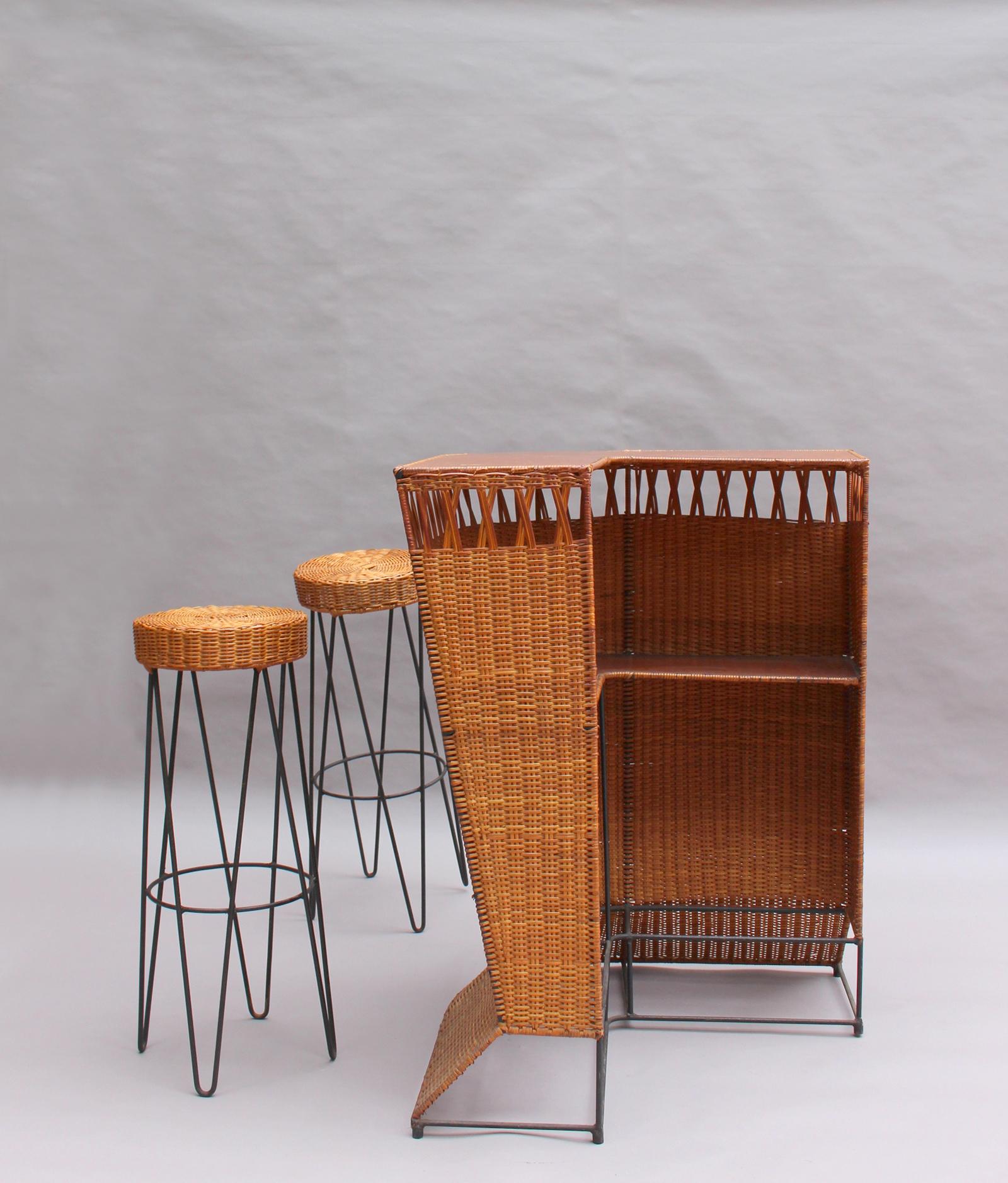 Mid-20th Century French Mid-Century Rattan Bar and 3 Matching Stools