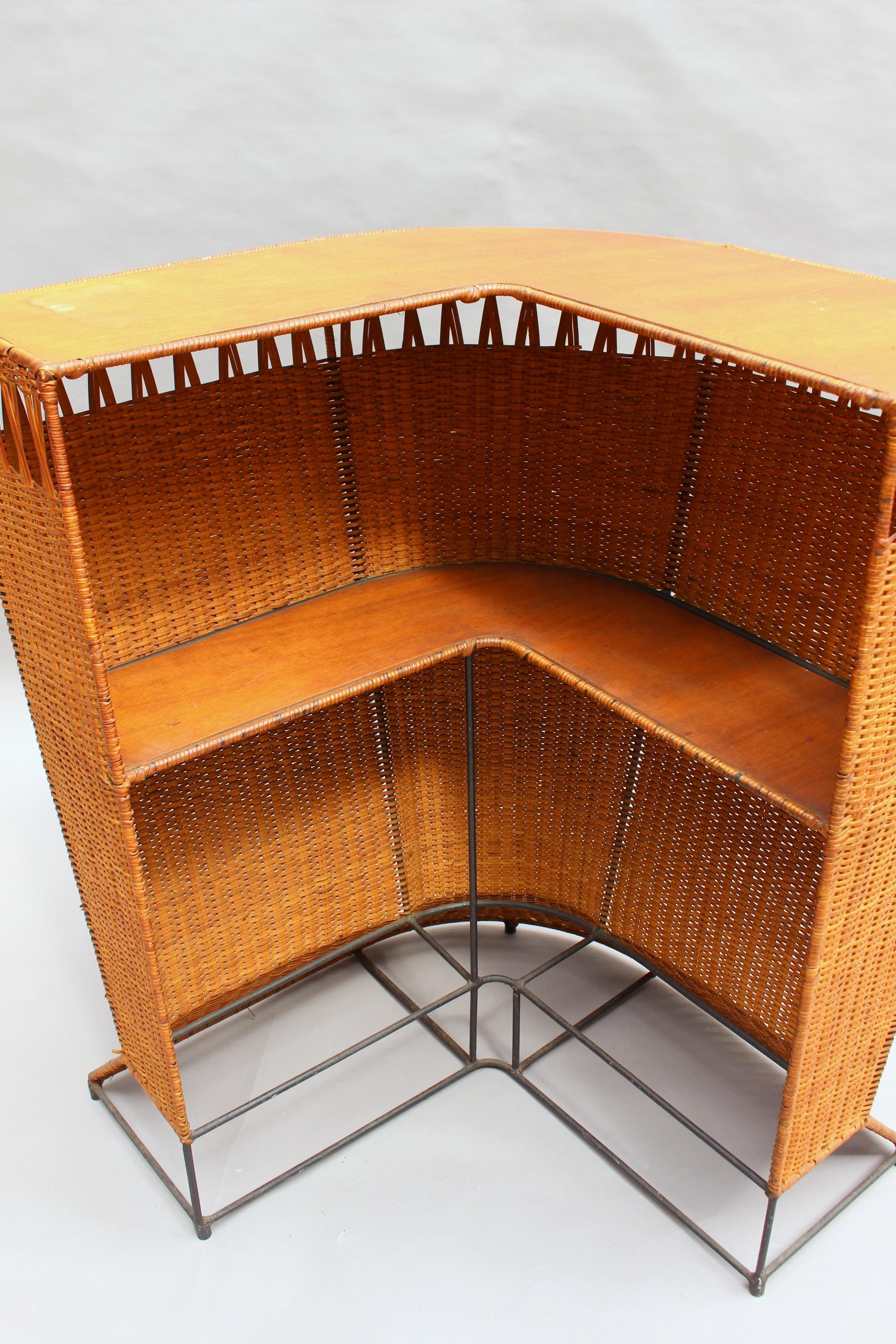 French Mid-Century Rattan Bar and 3 Matching Stools 3