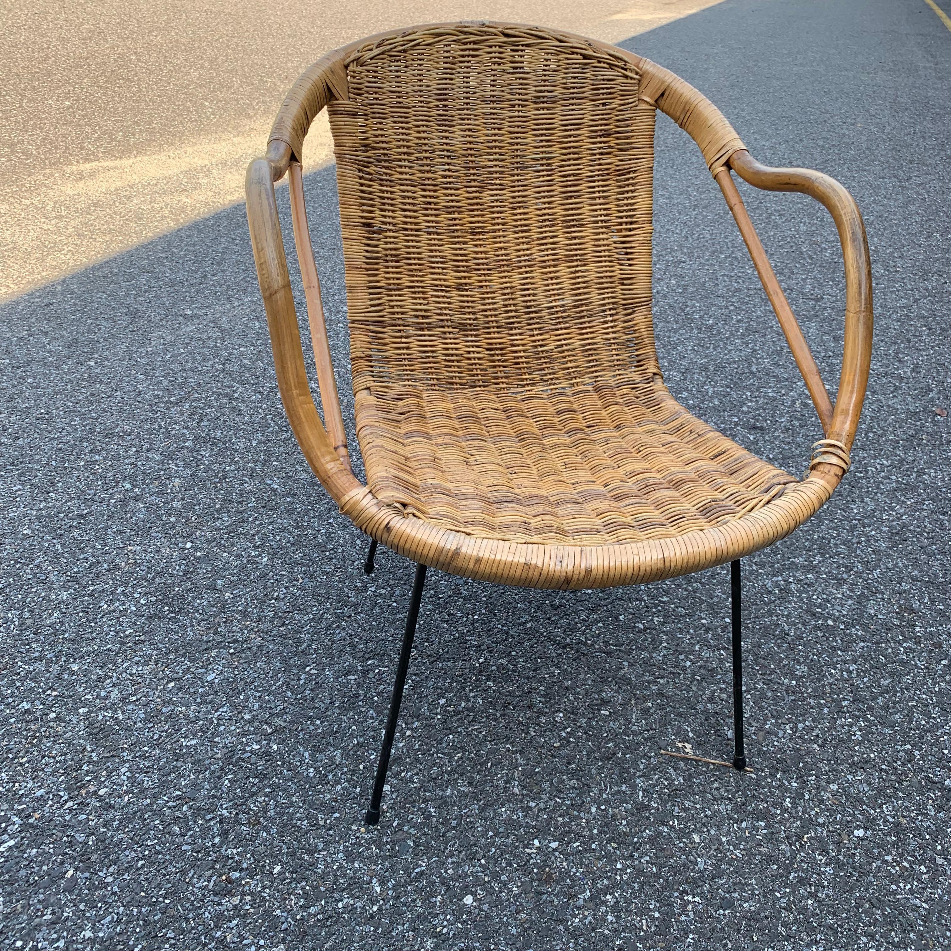 Metal French Mid-Century Rattan Patio Armchair For Sale