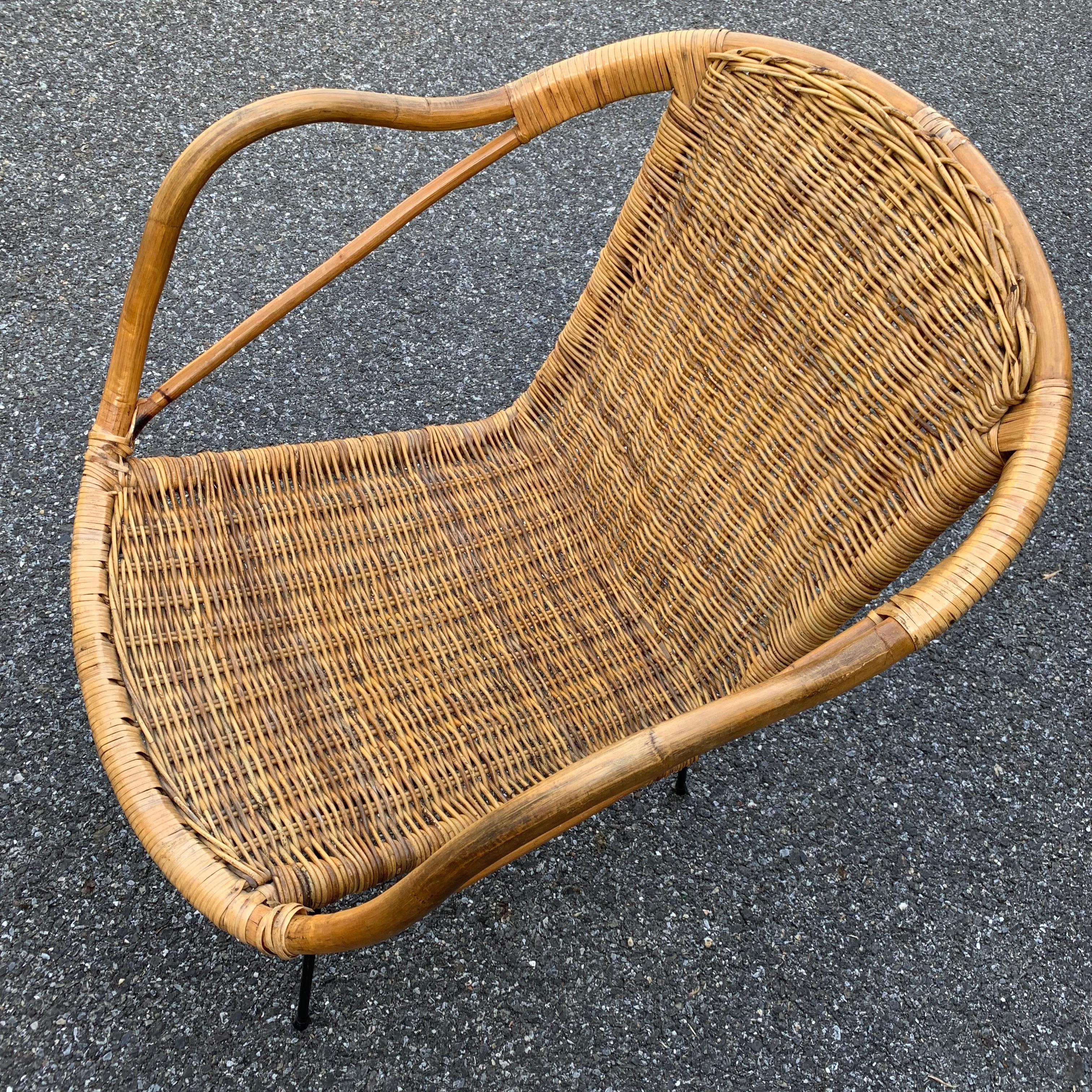 Hand-Crafted French Mid-Century Rattan Patio Armchair For Sale