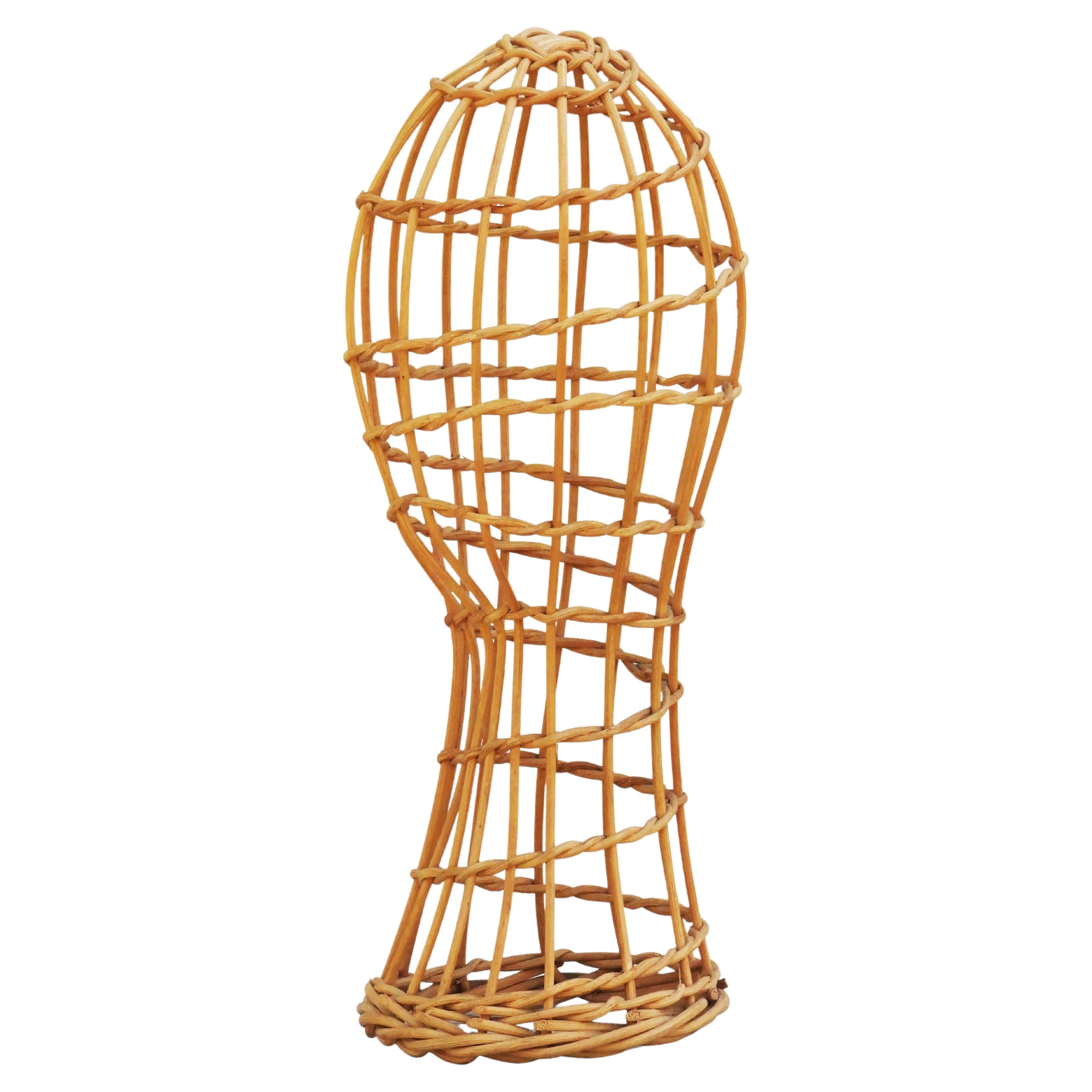 French Mid Century Rattan Hat Stand Head Sculpture C1950  For Sale