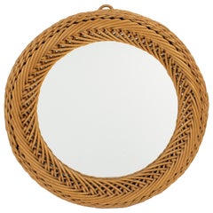French Mid-Century Rattan Wicker Wall Mirror, 1960s