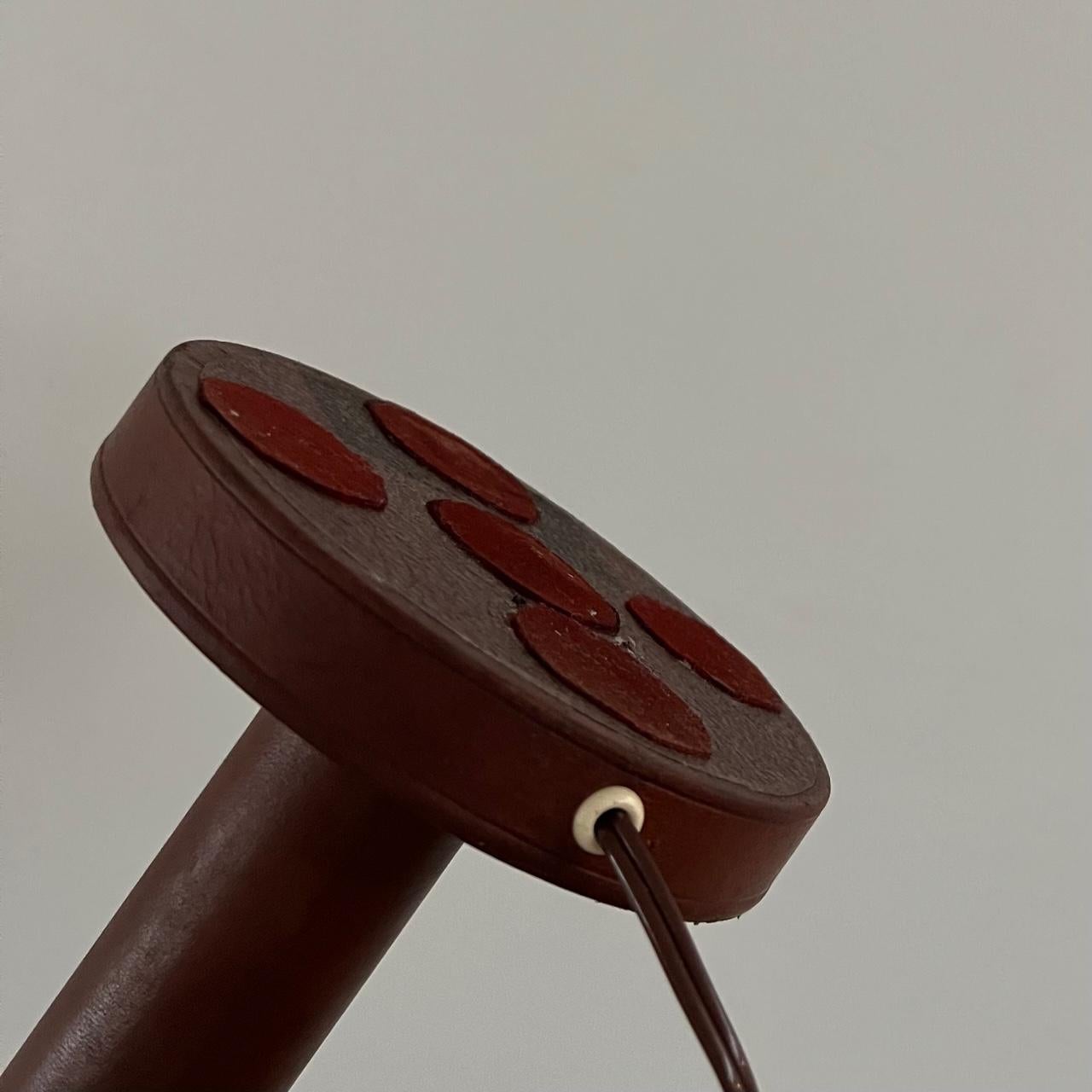 French Mid-Century Red Leather and Brass Table Lamp 1
