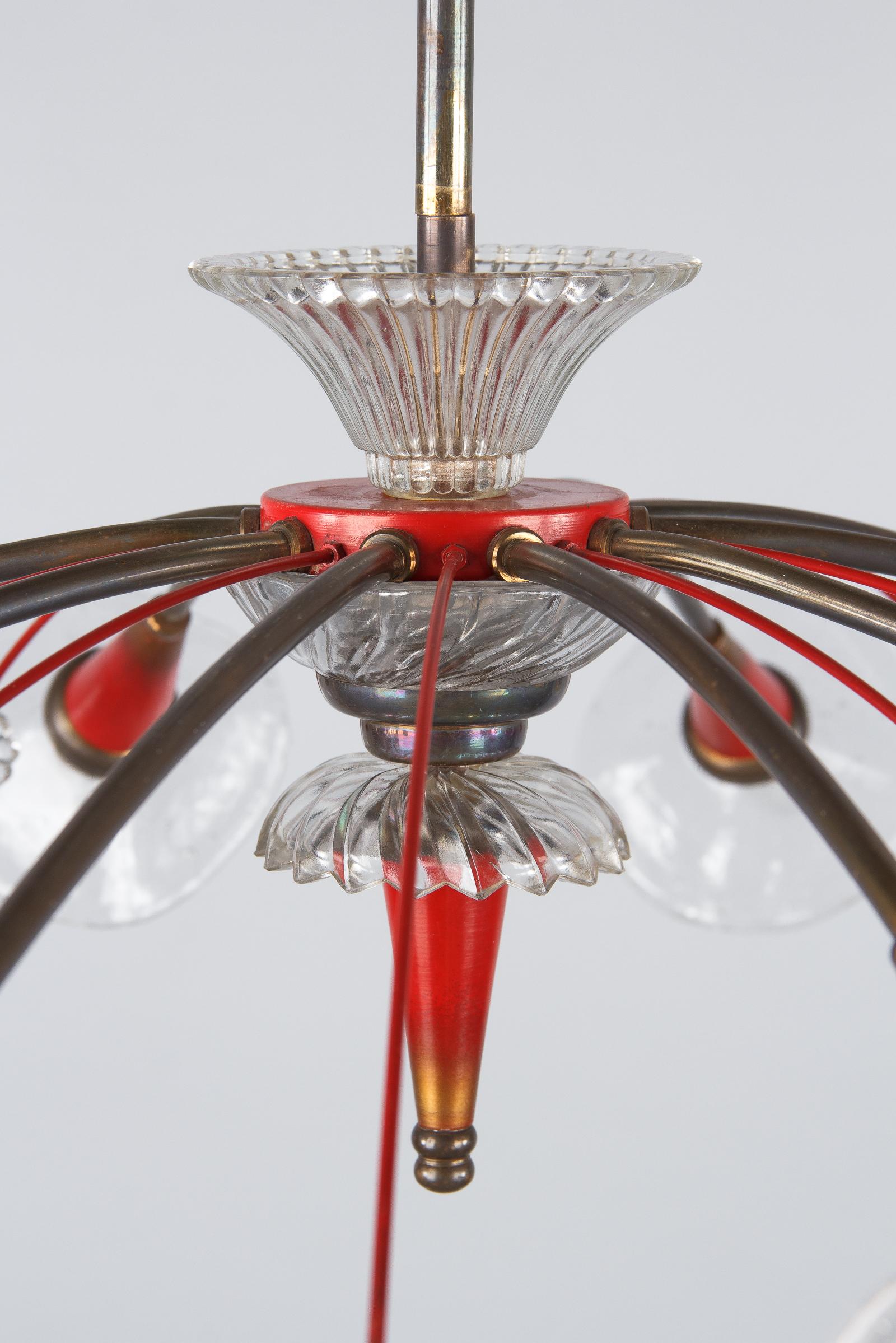 French Midcentury Red Metal 10-Light Chandelier by Lunel 7