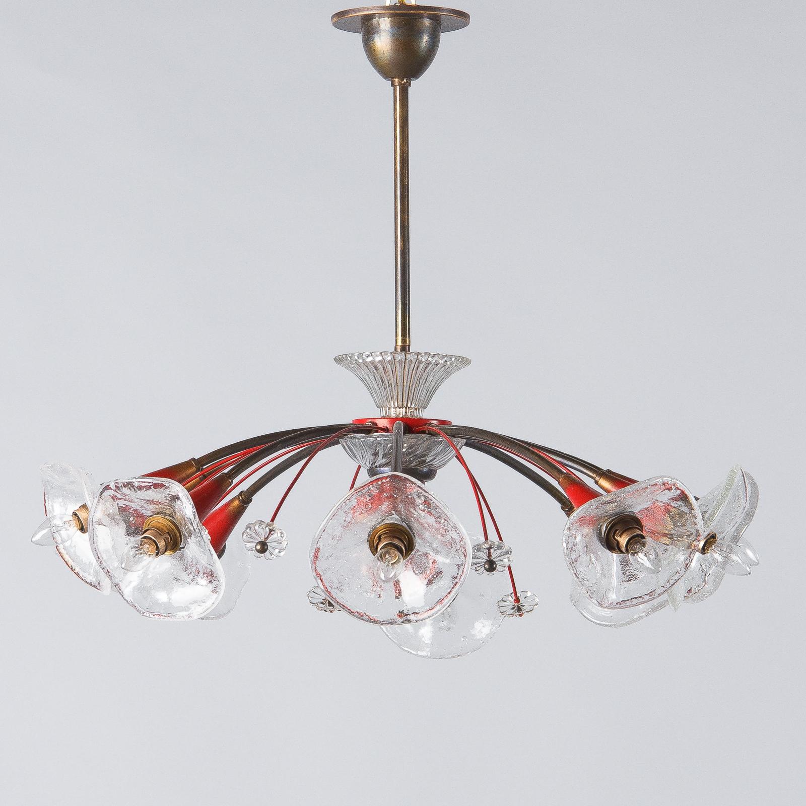 French Midcentury Red Metal 10-Light Chandelier by Lunel 10