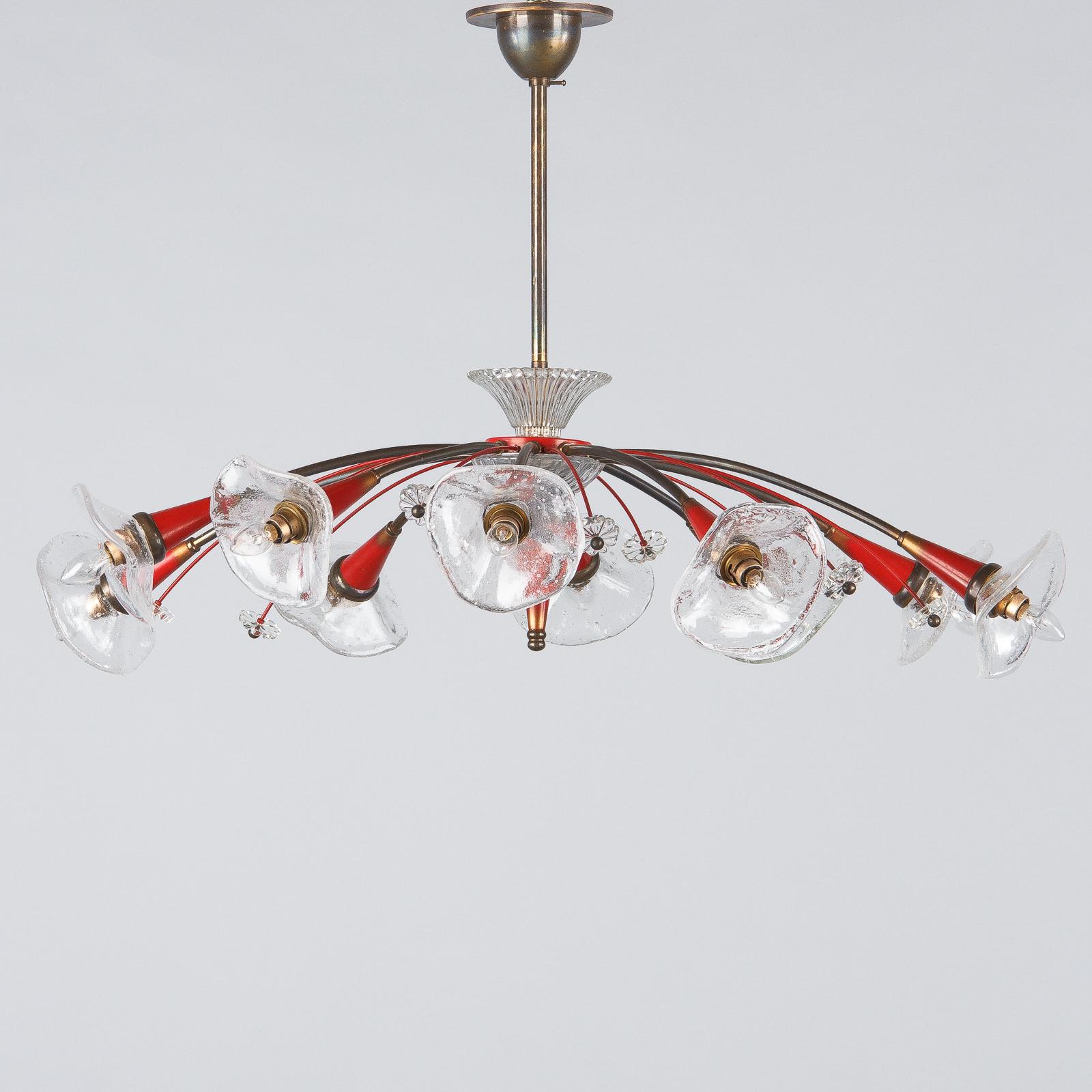 French Midcentury Red Metal 10-Light Chandelier by Lunel 11
