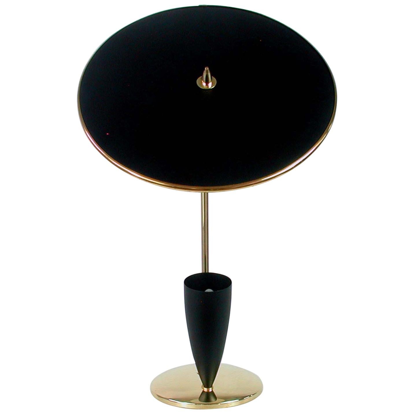 French Midcentury Reflecting Black and Brass Table Lamp, 1950s