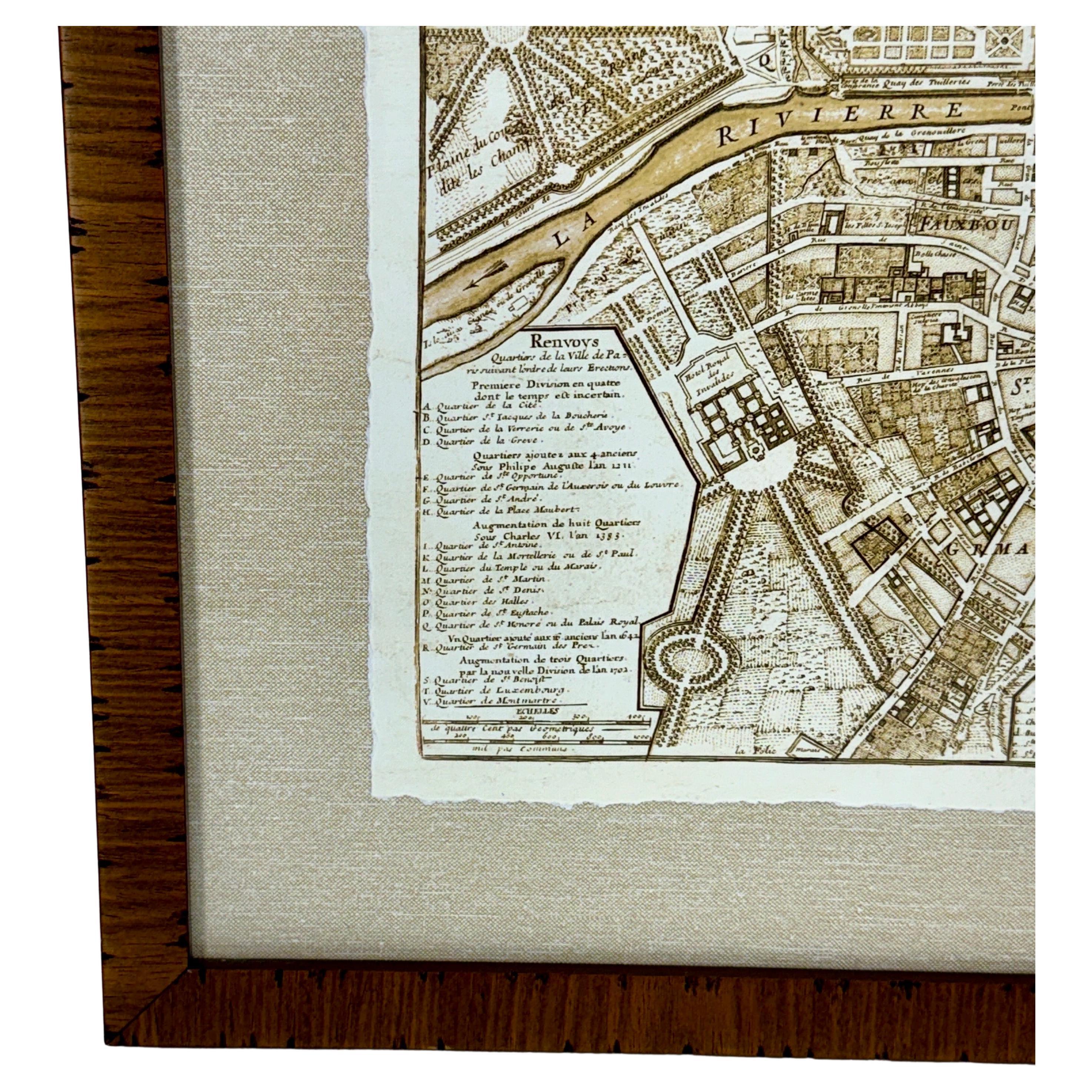 French Mid-Century Reprint of Early 18th Century Map of Paris in Sepia Colors For Sale 8