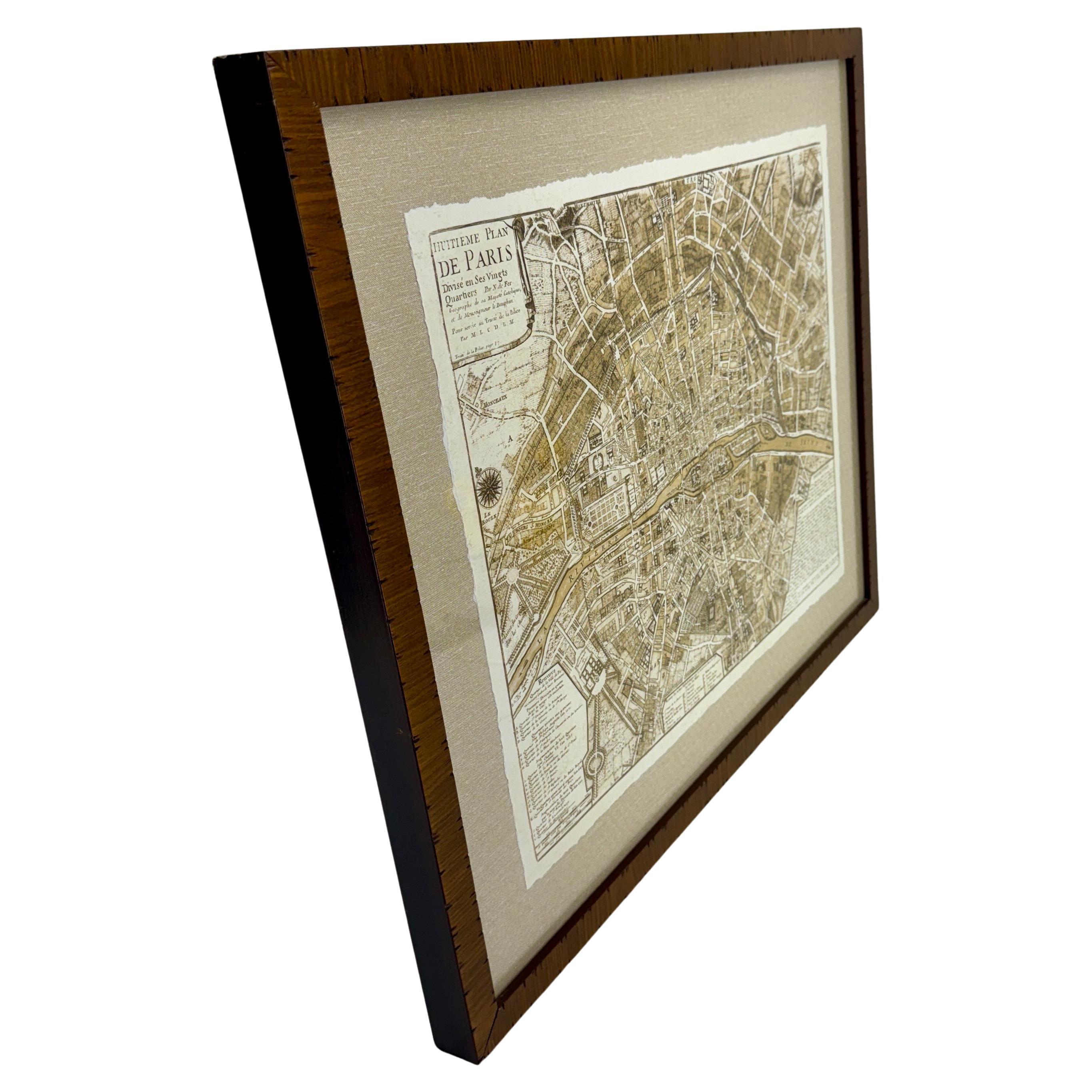 Baroque French Mid-Century Reprint of Early 18th Century Map of Paris in Sepia Colors For Sale