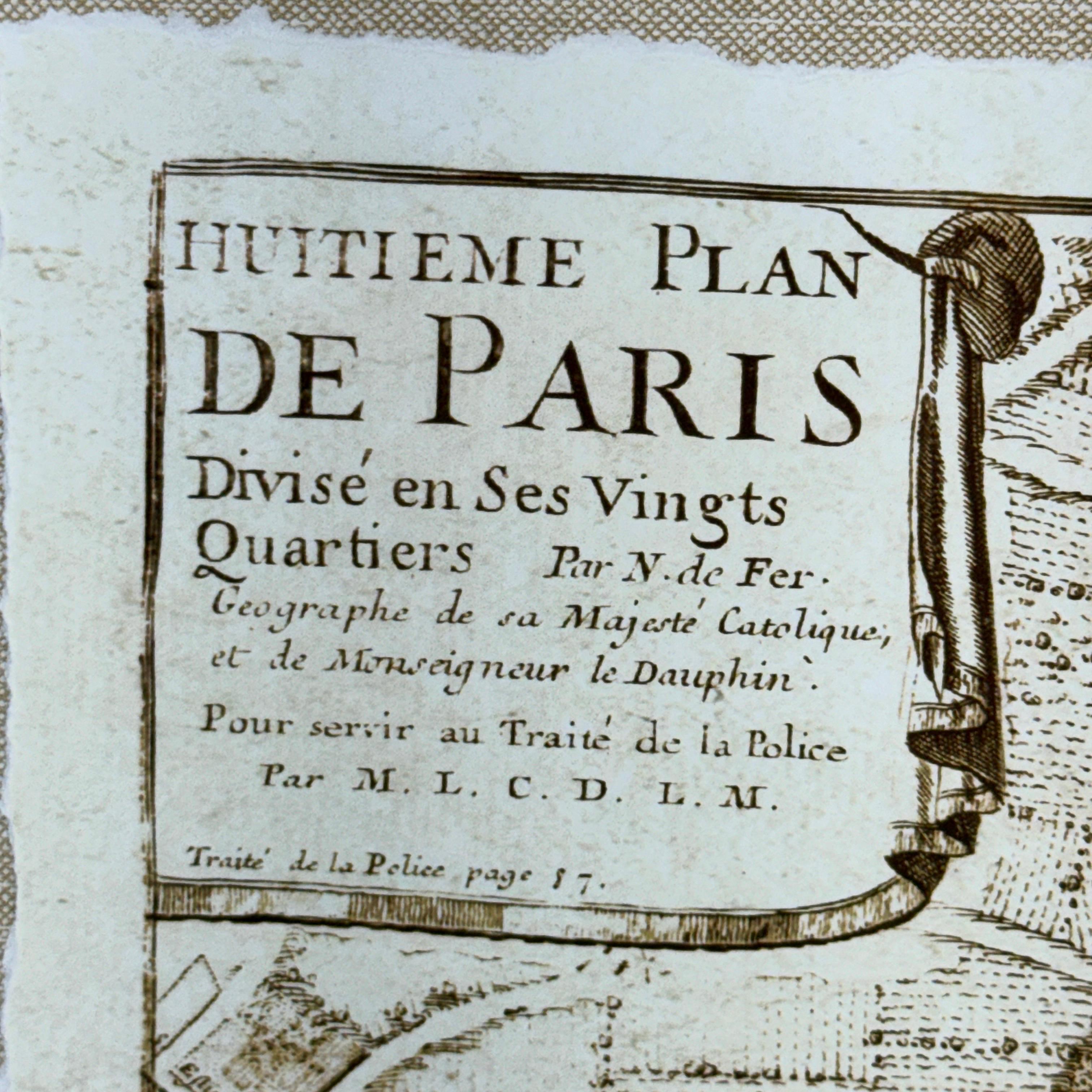 Hand-Crafted French Mid-Century Reprint of Early 18th Century Map of Paris in Sepia Colors For Sale