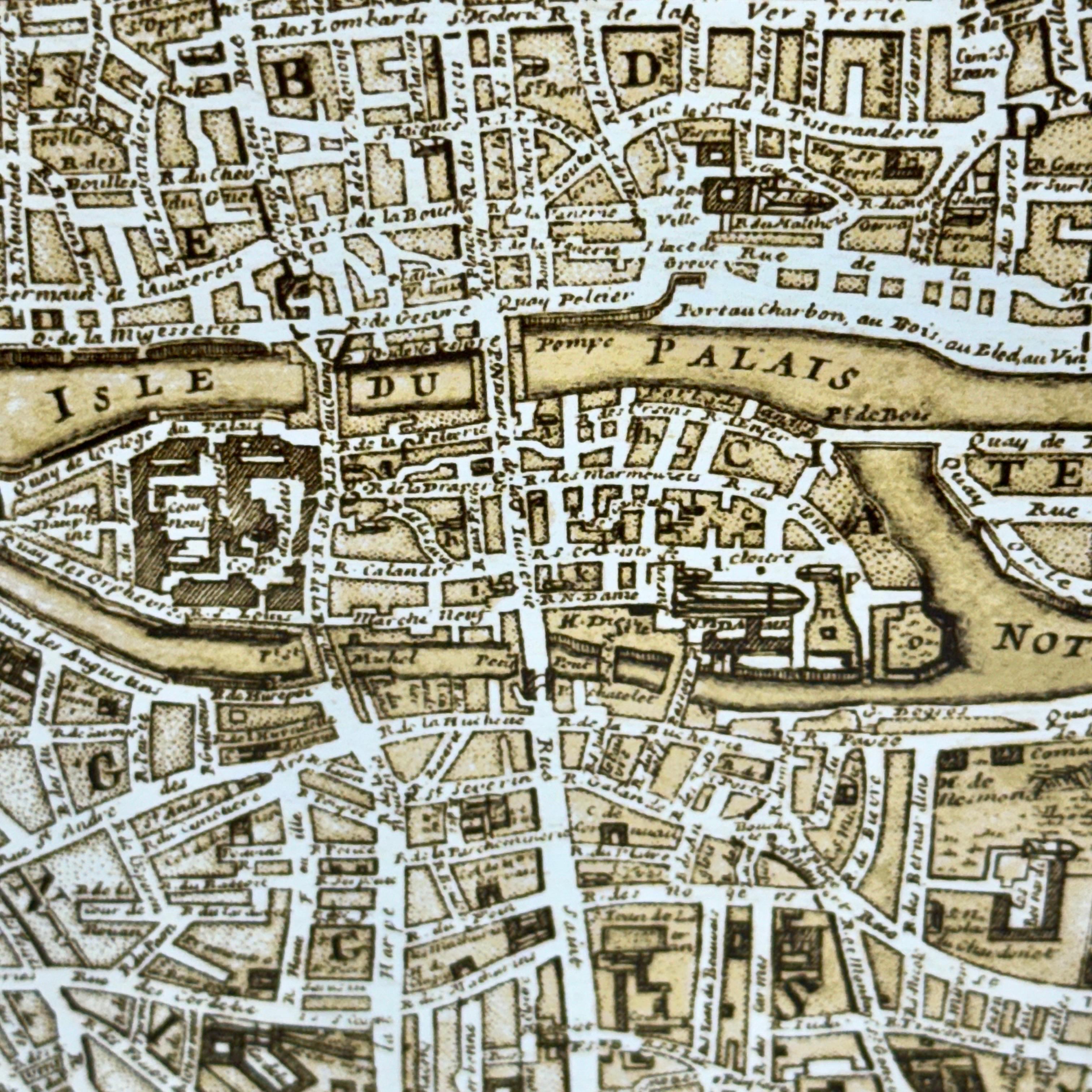 French Mid-Century Reprint of Early 18th Century Map of Paris in Sepia Colors In Good Condition For Sale In Haddonfield, NJ