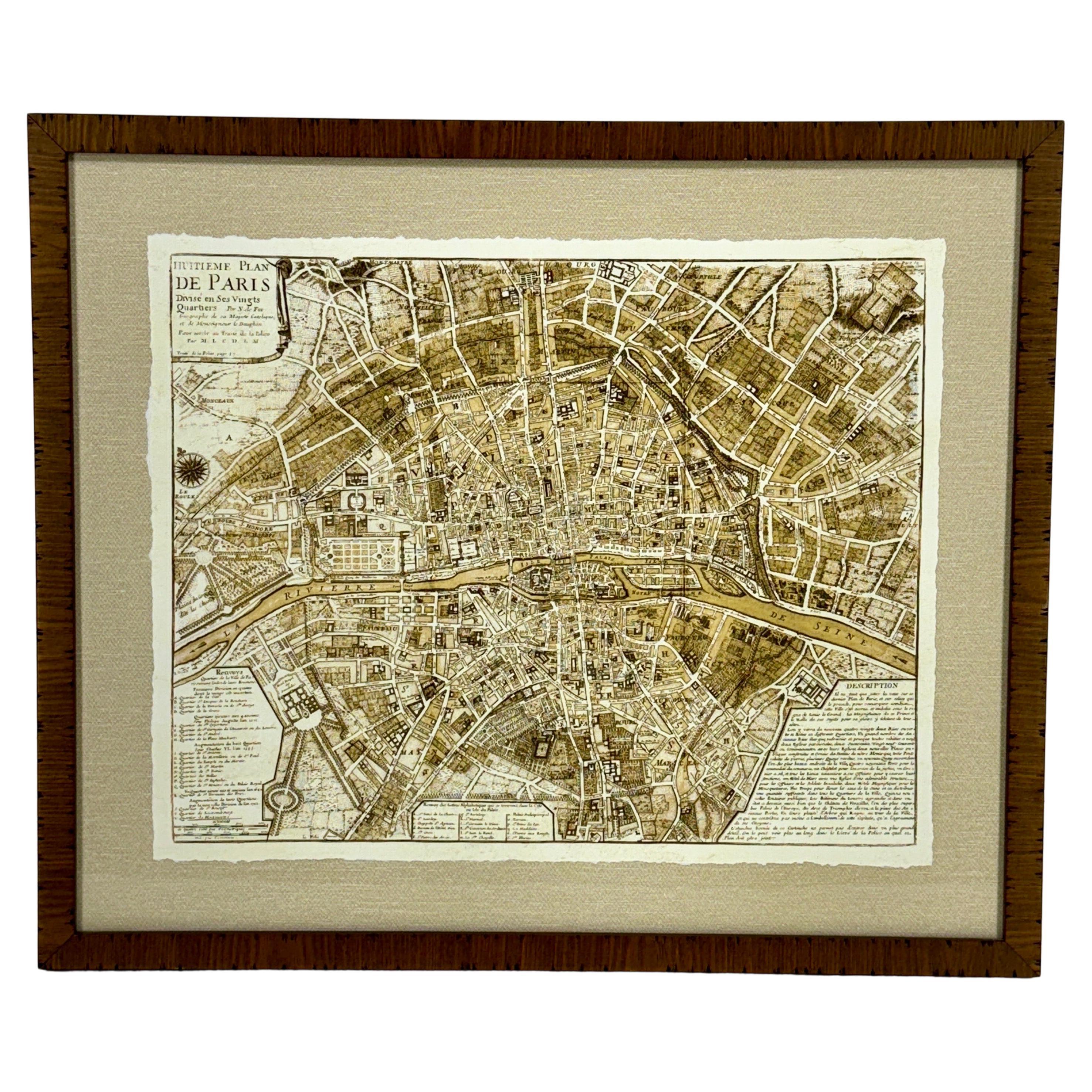 French Mid-Century Reprint of Early 18th Century Map of Paris in Sepia Colors For Sale