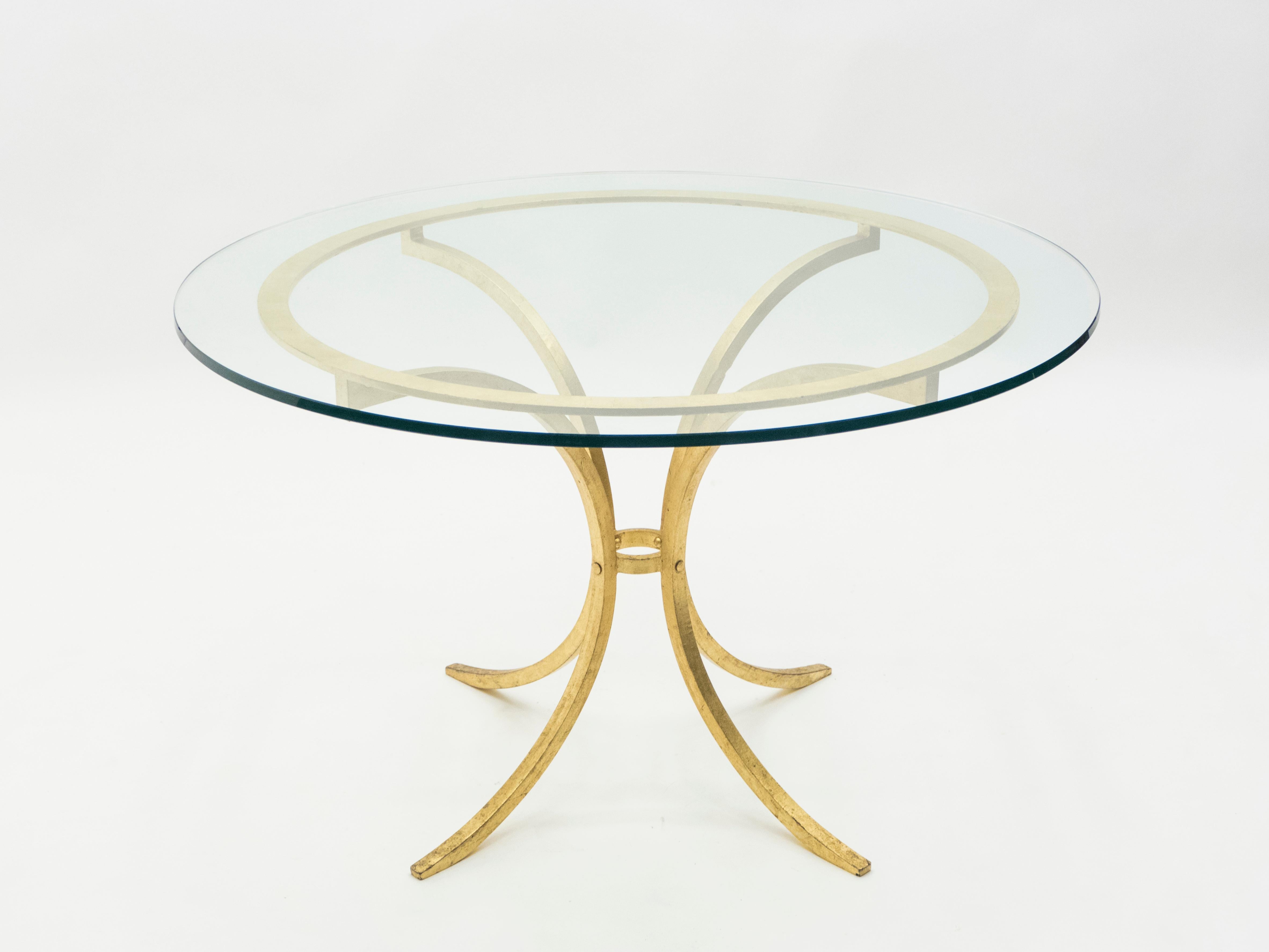 Mid-Century Modern French Midcentury Roger Thibier Gilt Wrought Iron Gold Leaf Glass Dining Table