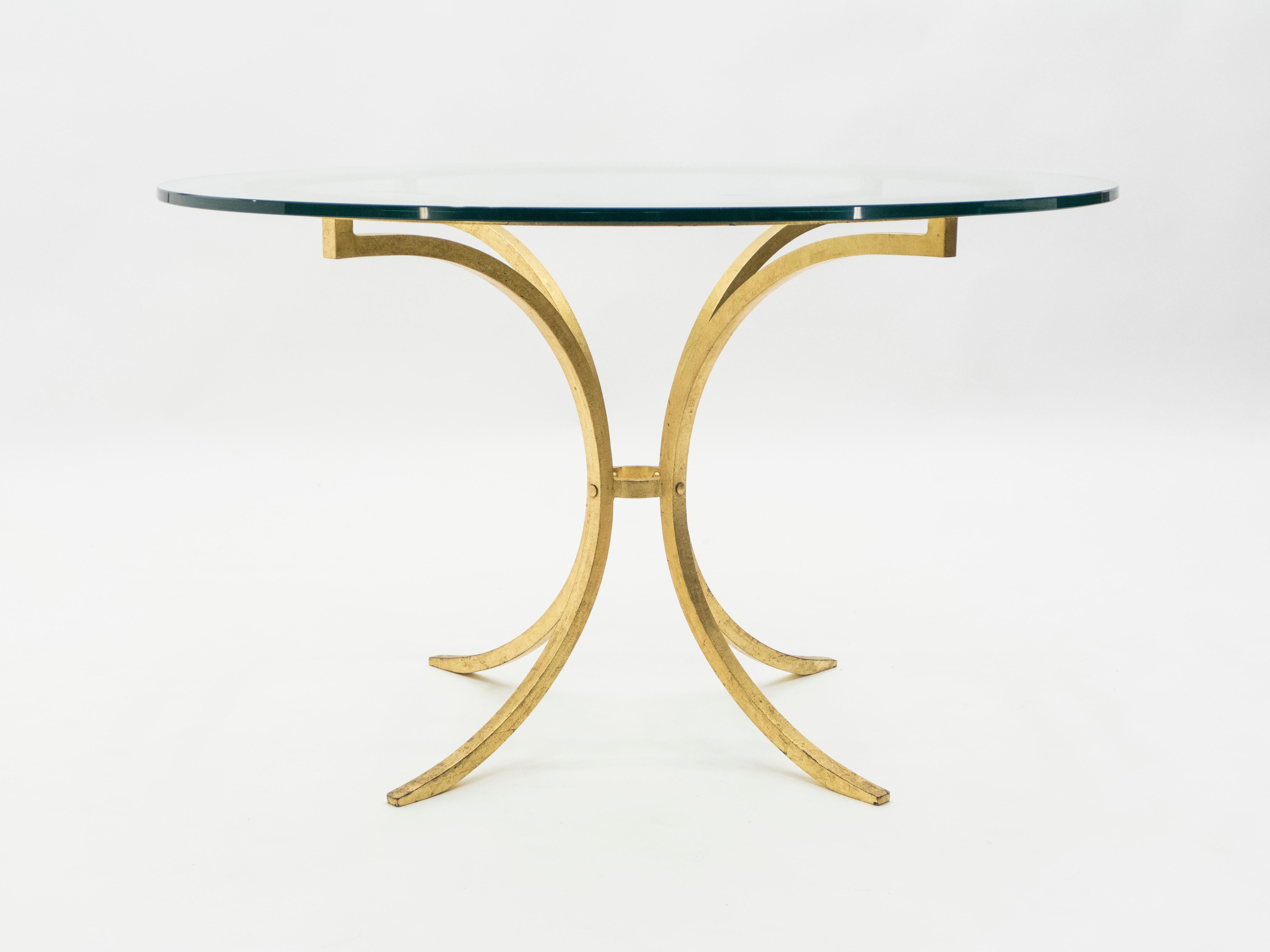 French Midcentury Roger Thibier Gilt Wrought Iron Gold Leaf Glass Dining Table In Good Condition In Paris, IDF
