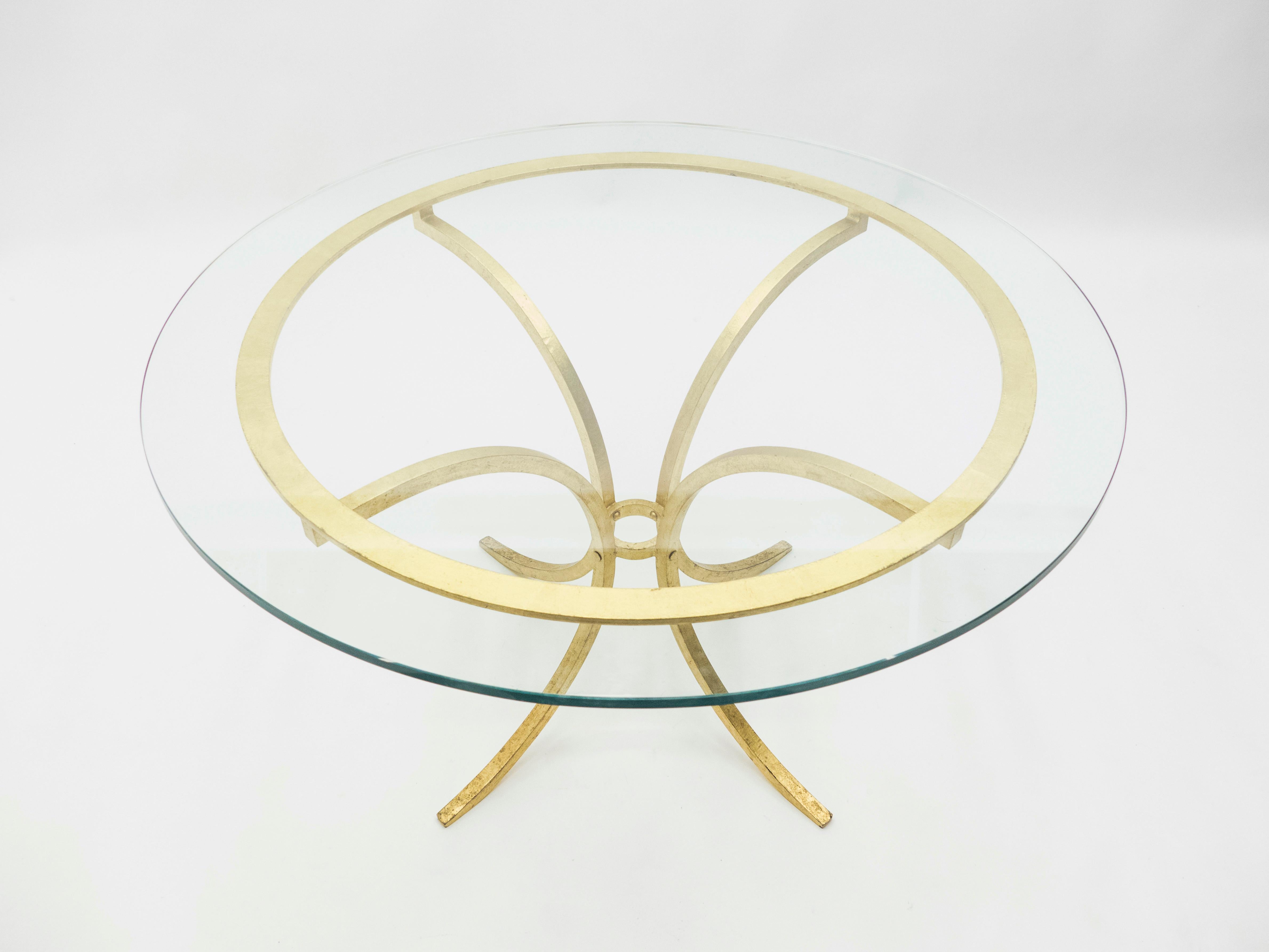 Mid-20th Century French Midcentury Roger Thibier Gilt Wrought Iron Gold Leaf Glass Dining Table