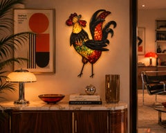 French Mid-Century Rooster Wall Light Sculpture, Glass & Iron, 1970