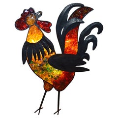 French Mid-Century Rooster Wall Light Sculpture, Glass & Iron, 1970