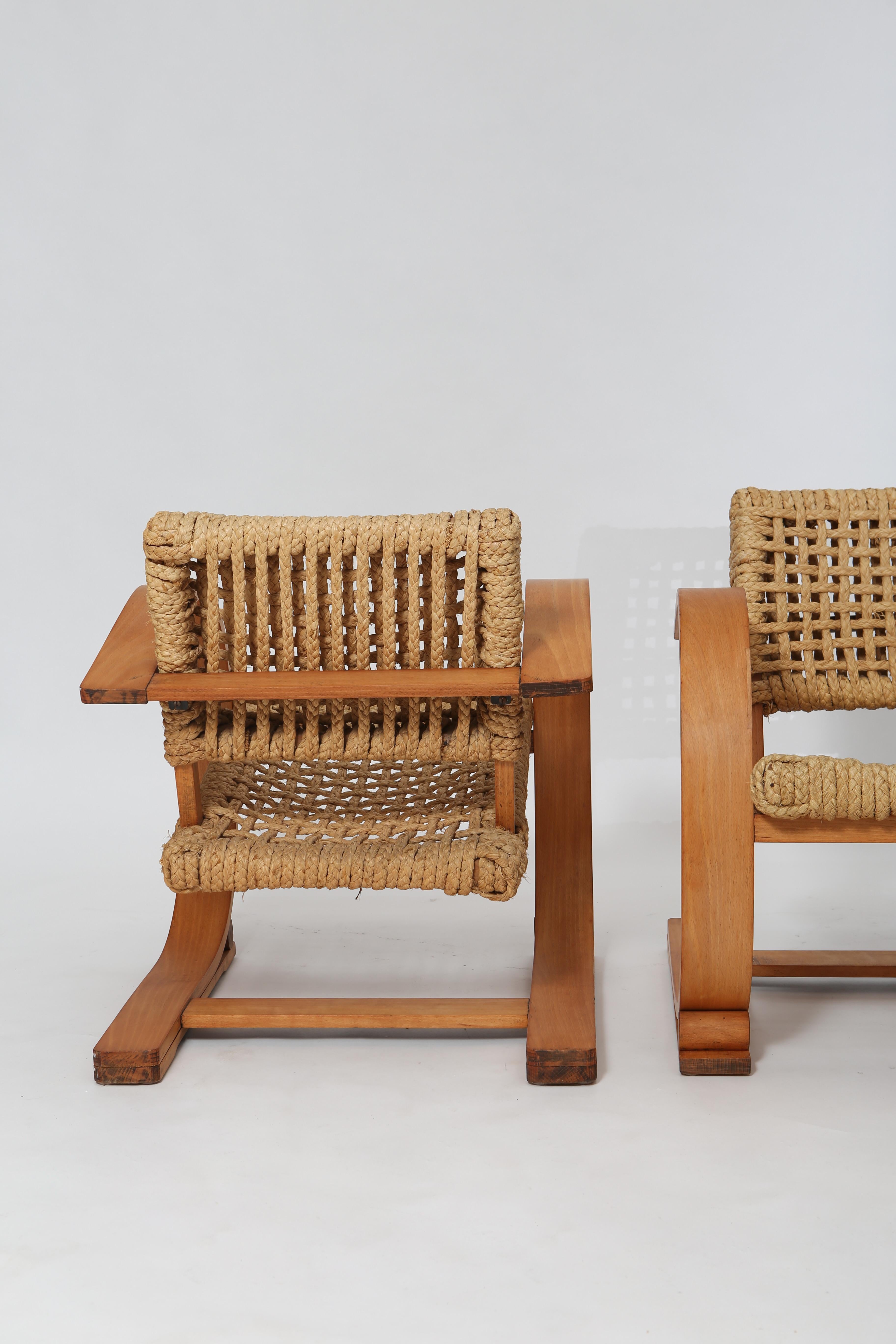 French Midcentury Rope Cantilever Chairs by Audoux & Minet In Good Condition For Sale In Portland, OR