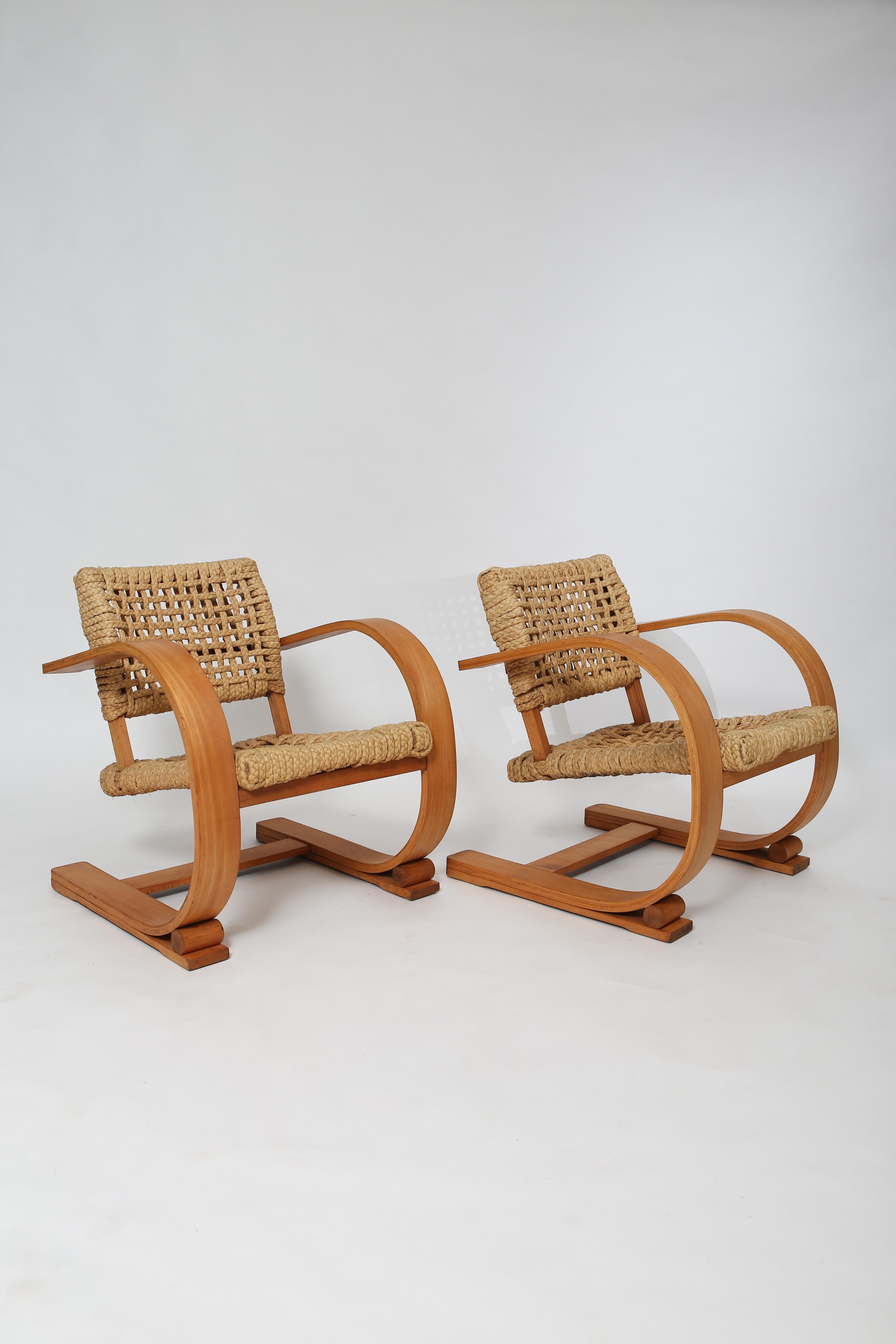 Mid-20th Century French Midcentury Rope Cantilever Chairs by Audoux & Minet For Sale